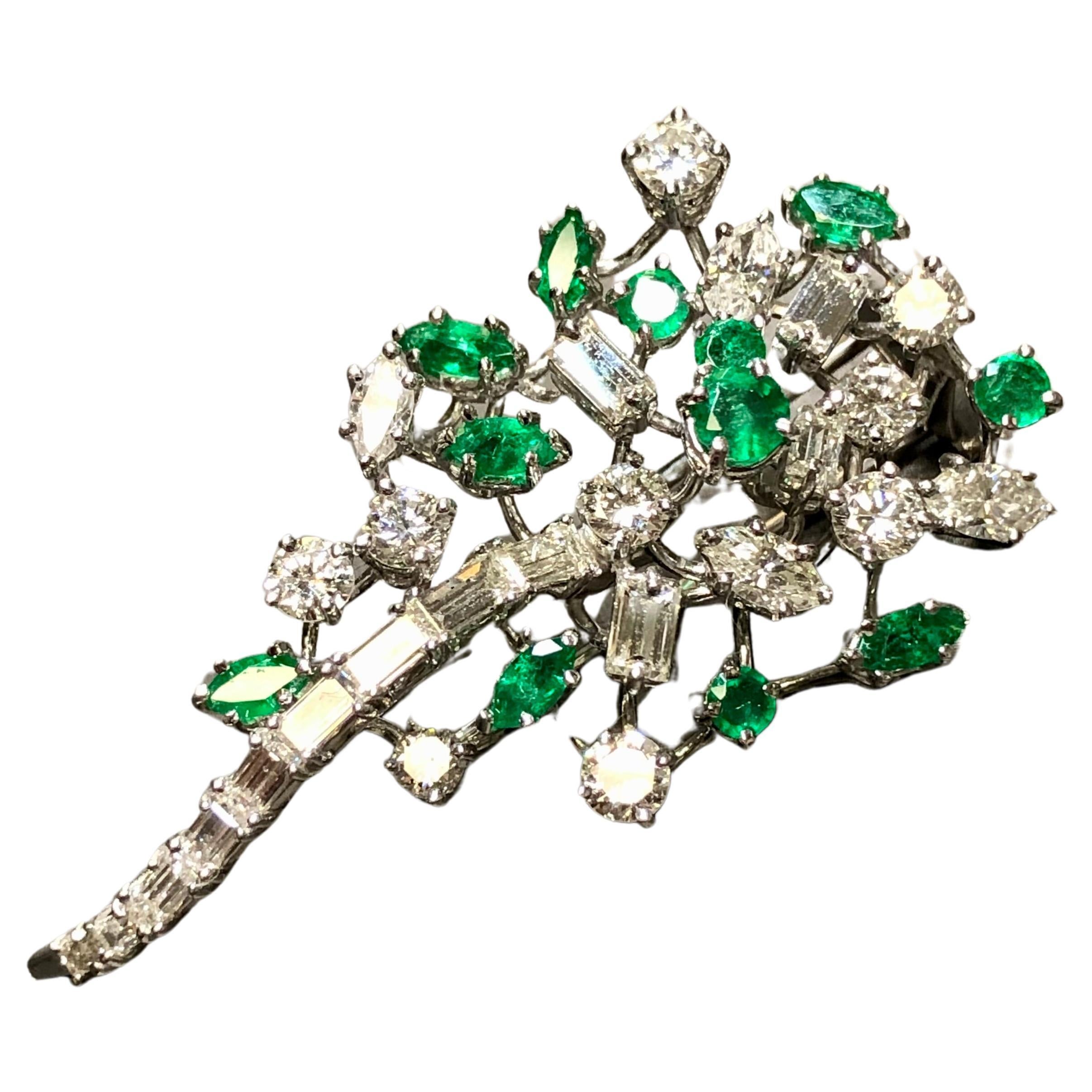 Vintage Platinum Fancy Diamond Emerald Spray Brooch Pin 5.80cttw G Vs For Sale