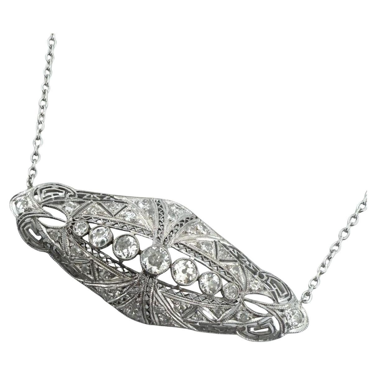Vintage Platinum Filigree 1.5 Carat Diamond Brooch Conversion Necklace