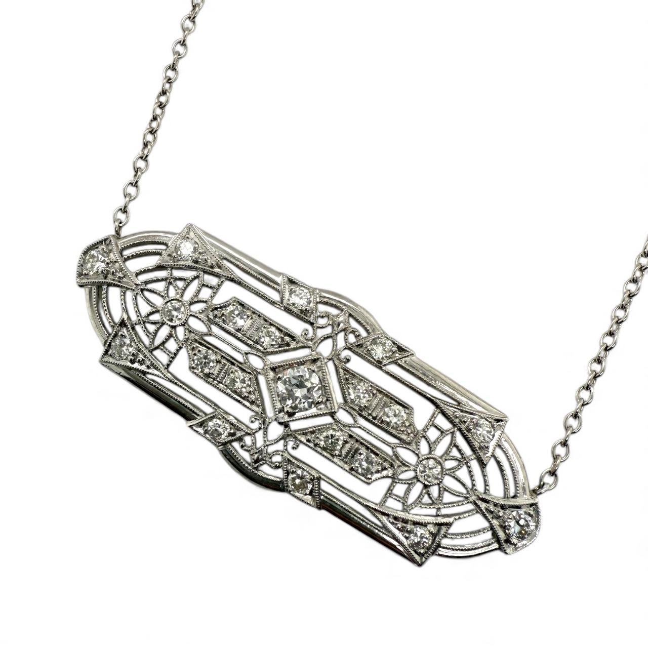 Collana di conversione con spilla in platino filigrana e diamanti d'epoca In condizioni ottime in vendita a Montgomery, AL