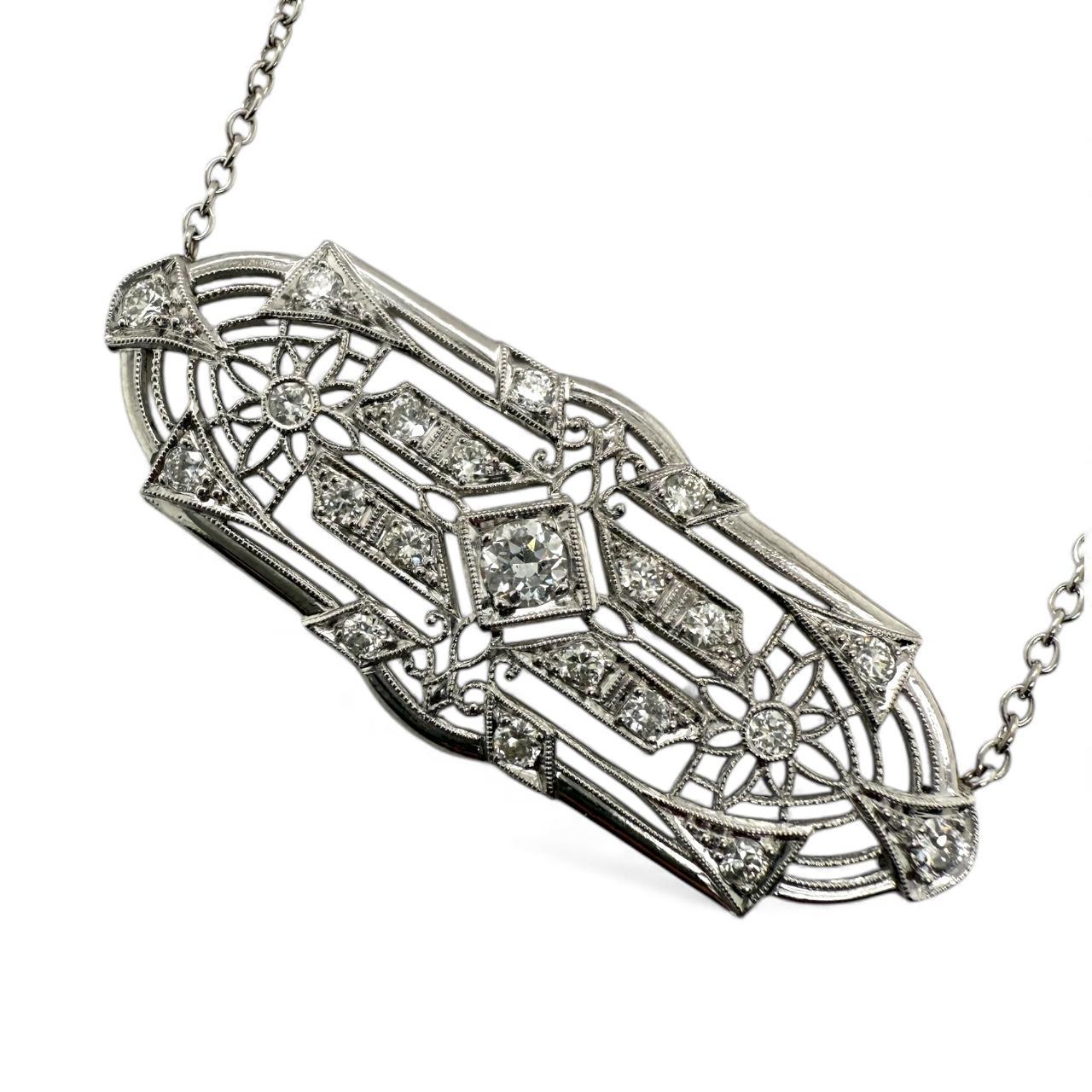 Donna Collana di conversione con spilla in platino filigrana e diamanti d'epoca in vendita