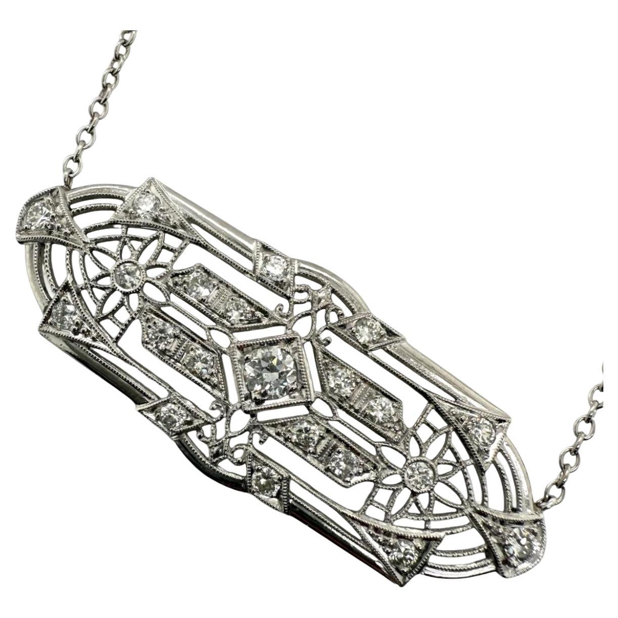 Vintage Platinum Filigree Diamond Brooch Conversion Necklace