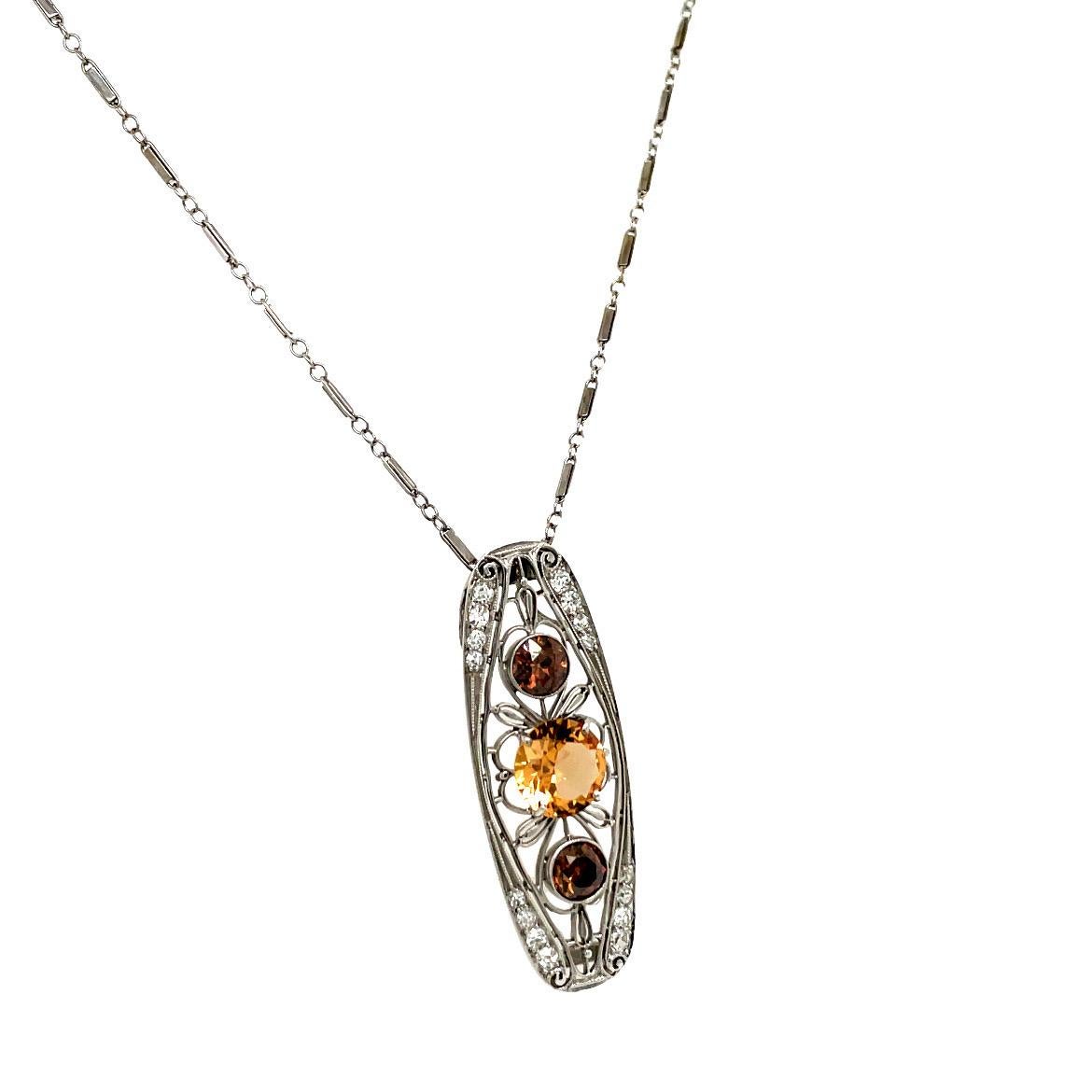 Vintage Platinum Filigree Pendant with Precious Topaz and Brown Diamonds In Excellent Condition For Sale In Boston, MA