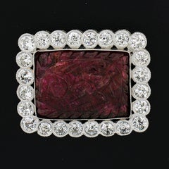 Vintage Platinum Floral Carved Ruby 2.88ctw Old European Diamond Halo Pin Brooch