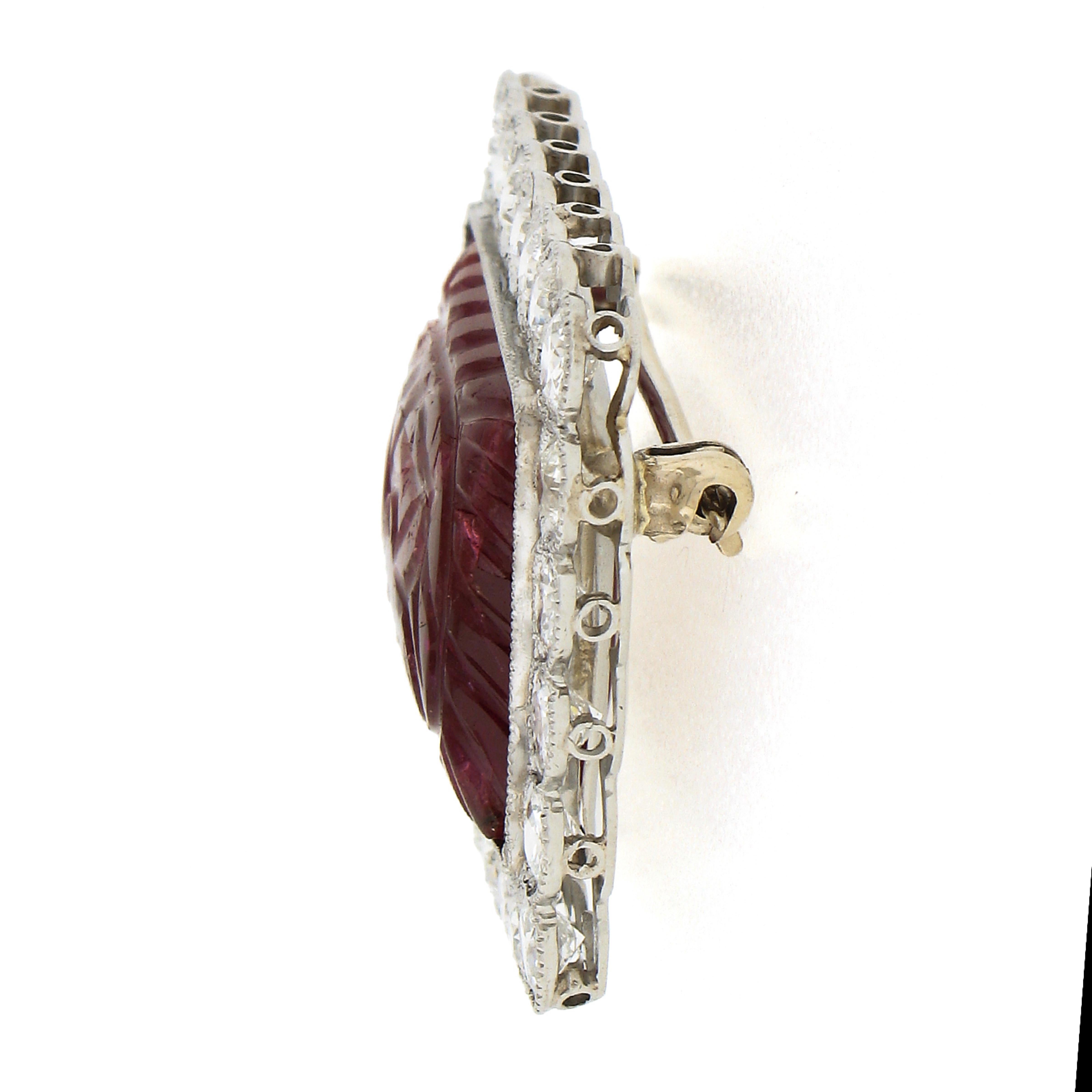Vintage Platinum Floral Carved Ruby 2.88ctw Old European Diamond Halo Pin Brooch In Excellent Condition For Sale In Montclair, NJ