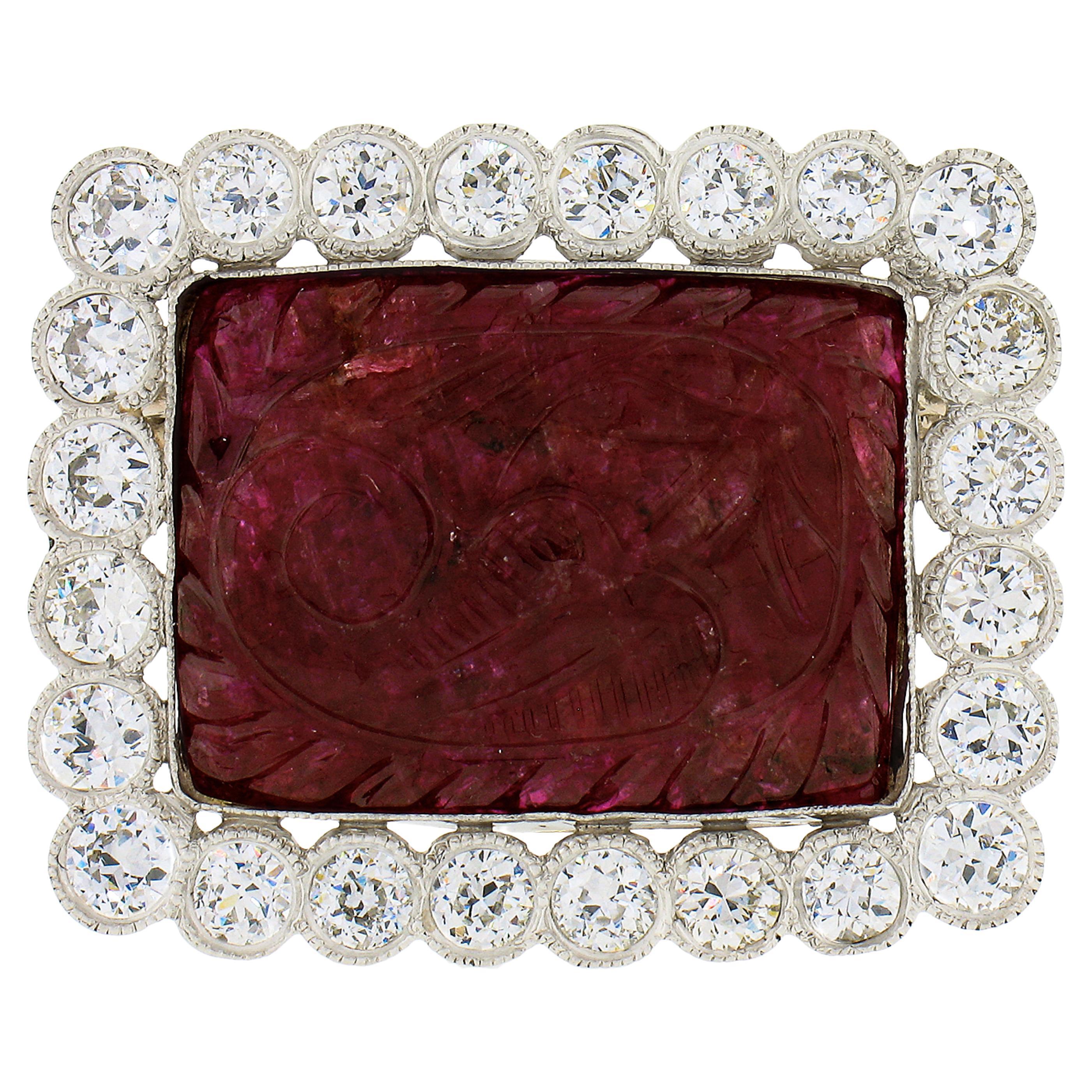 Vintage Platinum Floral Carved Ruby 2.88ctw Old European Diamond Halo Pin Brooch For Sale