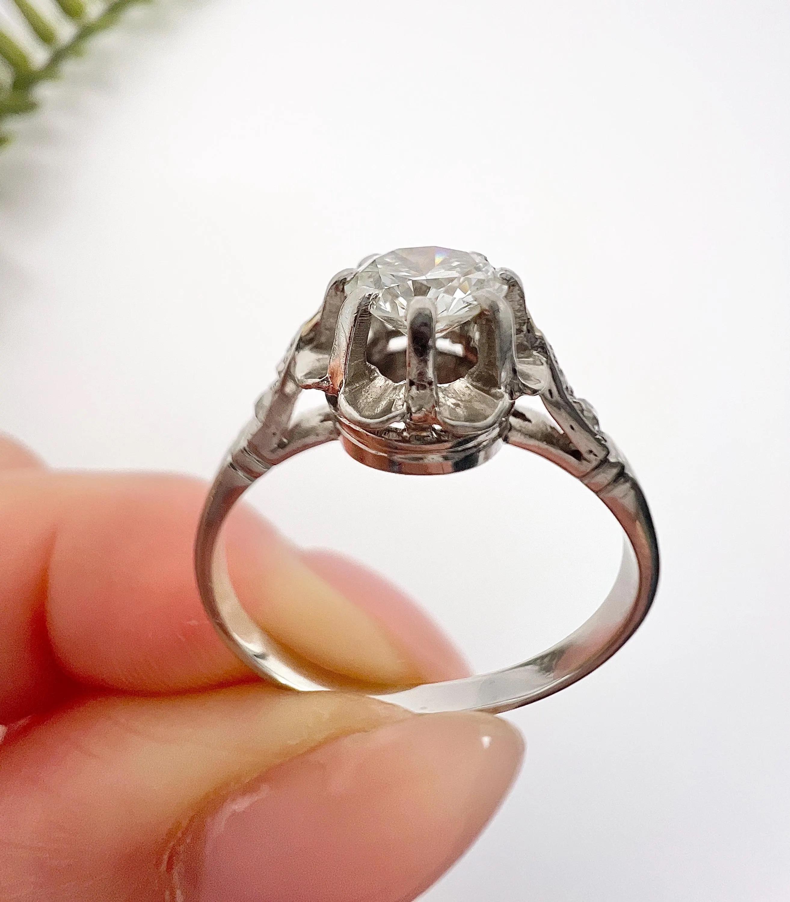 Vintage Platinum French Hallmarked, Single-Stone Diamond Engagement Ring 5