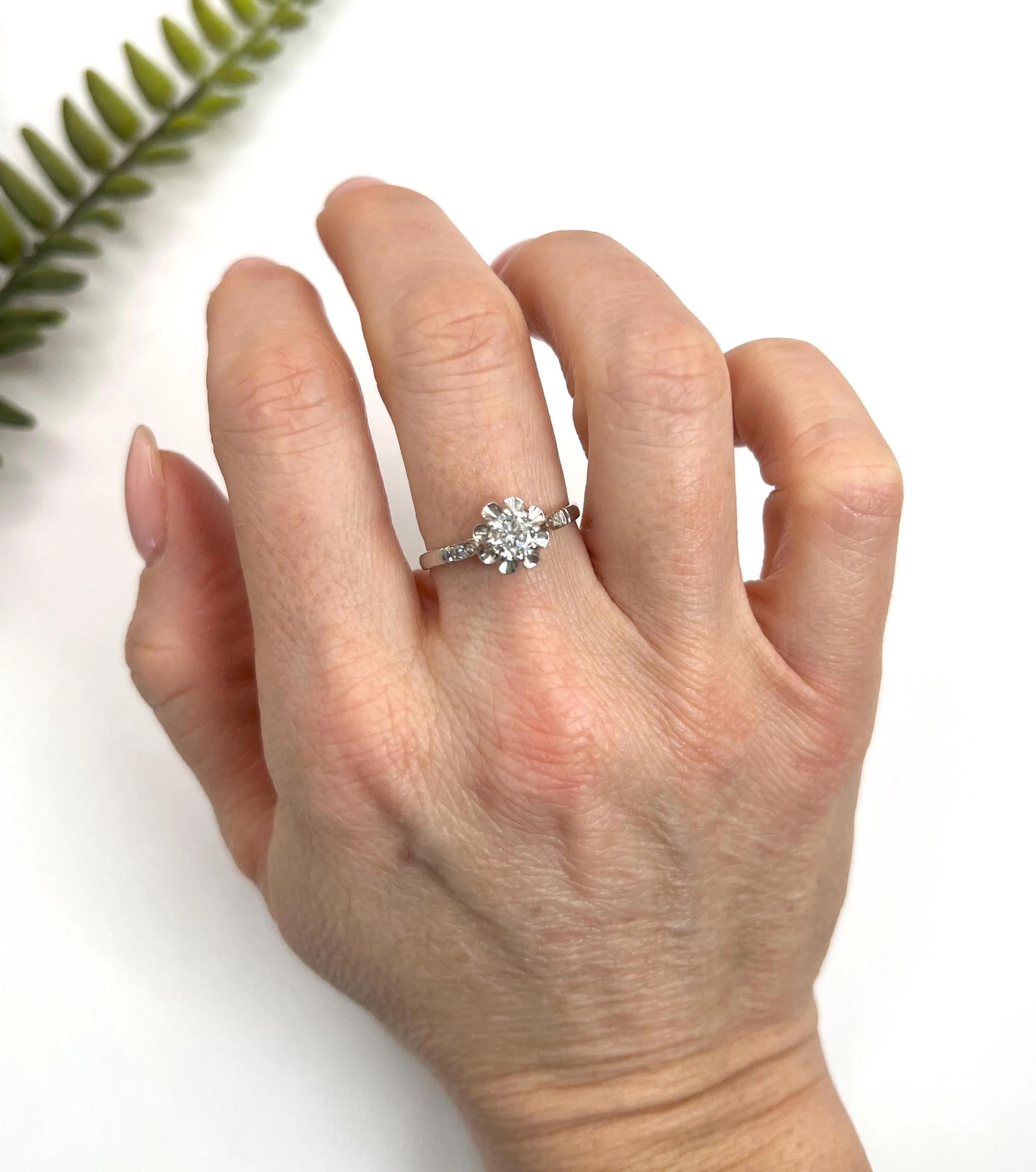 Vintage Diamond Ring

Platinum French Stamped 

Circa 1930s

Step back in time with this exquisite 1930s platinum engagement ring, a stunning embodiment of vintage elegance. At its heart sits a single natural diamond, expertly set to provide a