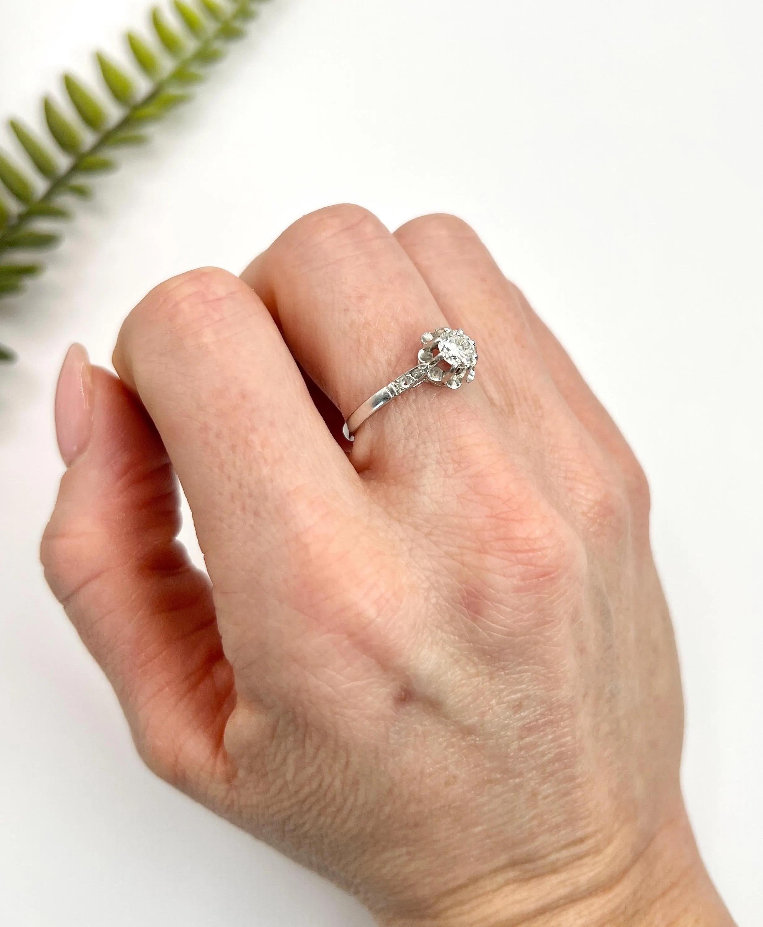 Vintage Platinum French Hallmarked, Single-Stone Diamond Engagement Ring In Good Condition In Brighton, GB