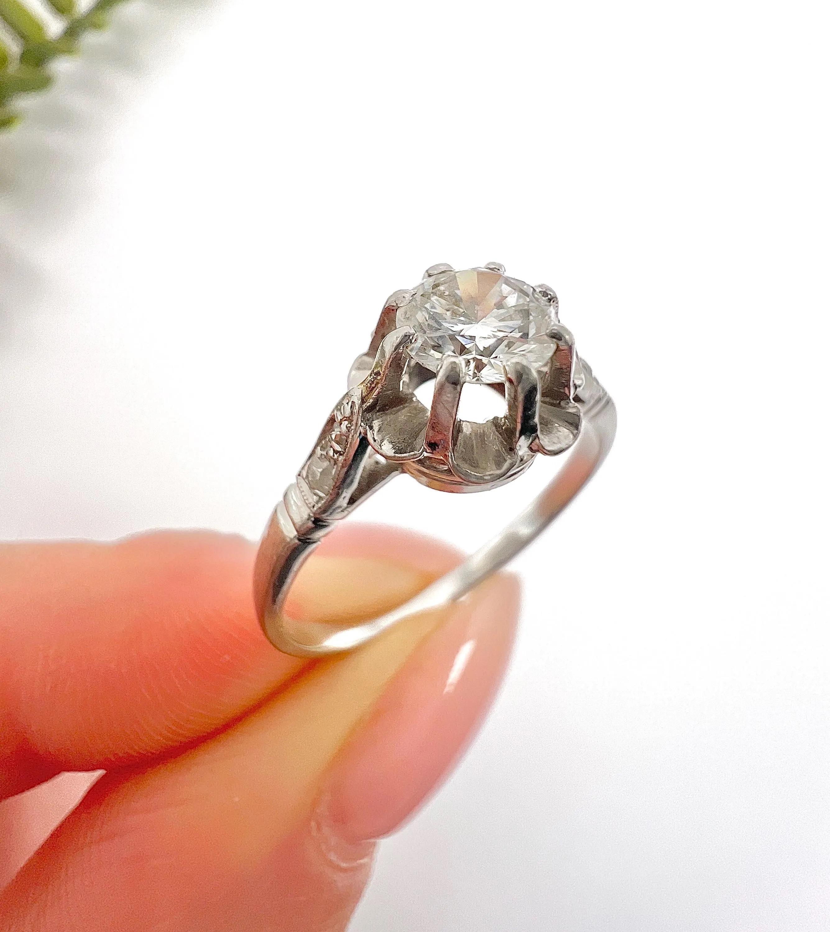 Vintage Platinum French Hallmarked, Single-Stone Diamond Engagement Ring 1