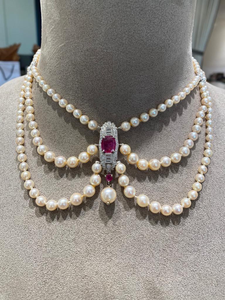 Vintage Platinum Garland, Pearl, Ruby and Diamond Necklace With Earrings 3