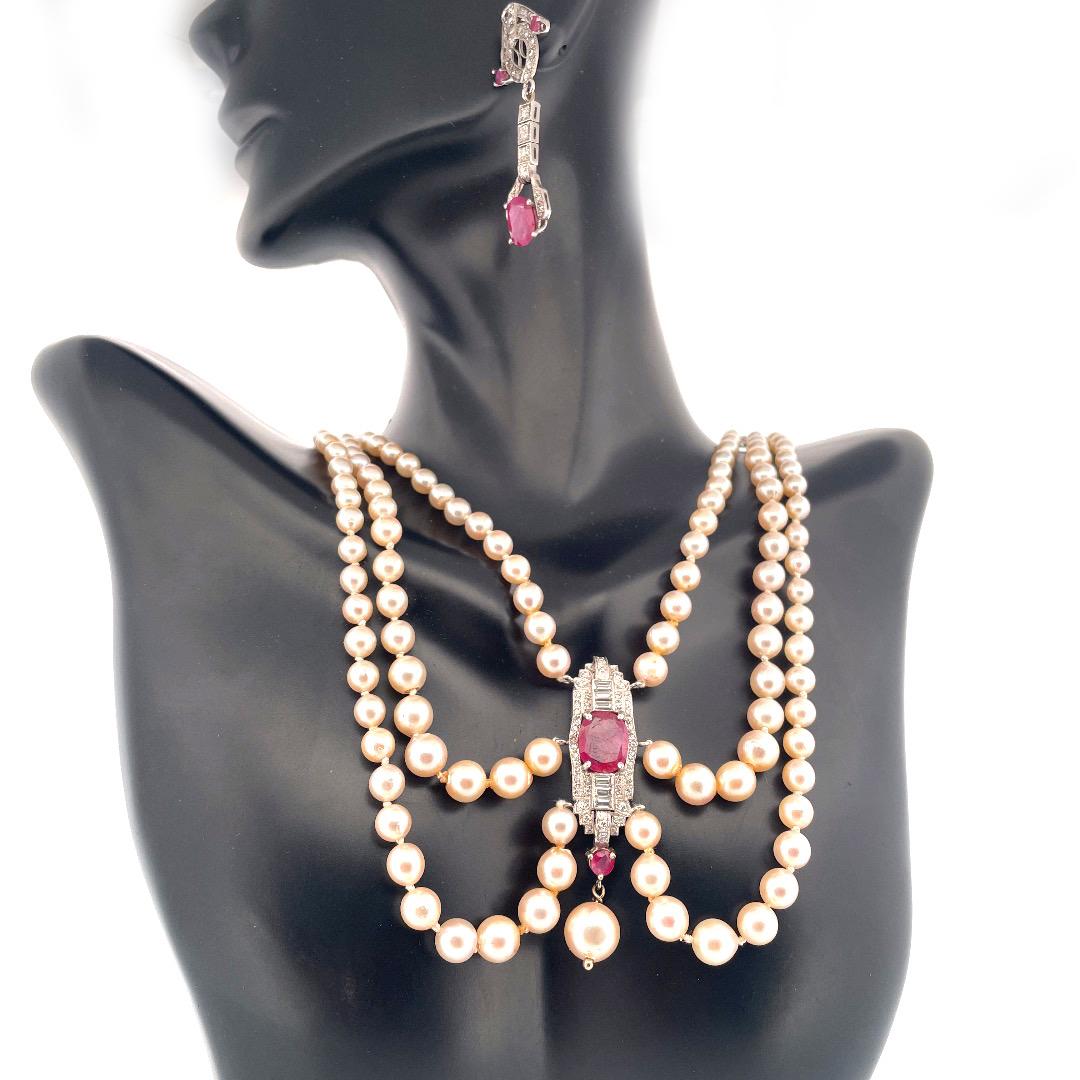 Vintage Platinum Garland, Pearl, Ruby and Diamond Necklace With Earrings 4