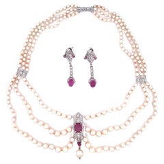 Vintage Platinum Garland, Pearl, Ruby and Diamond Necklace With Earrings