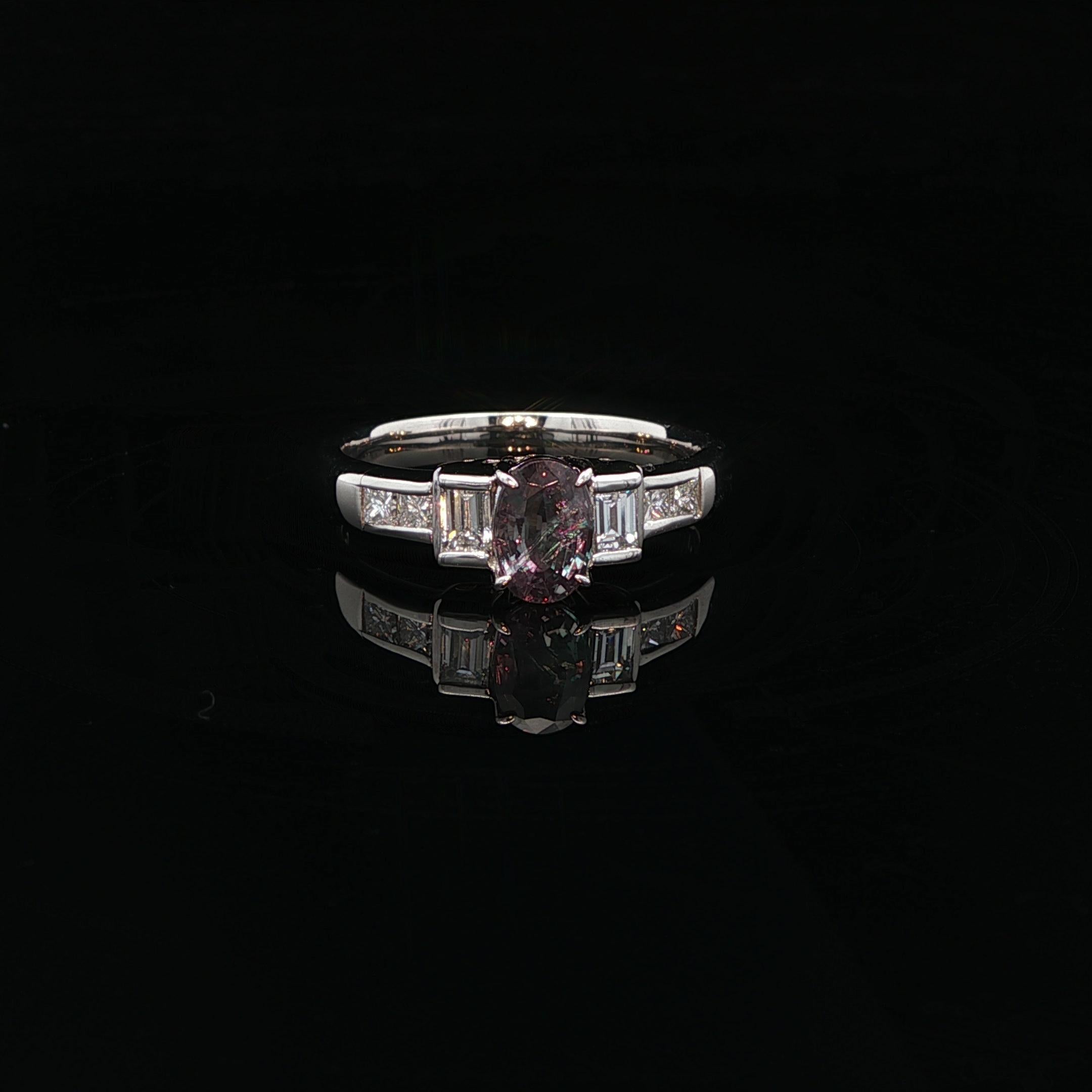 Vintage Platinum GIA 1.02ctw Oval Green Purple Brazil Alexandrite Diamond Ring For Sale 7