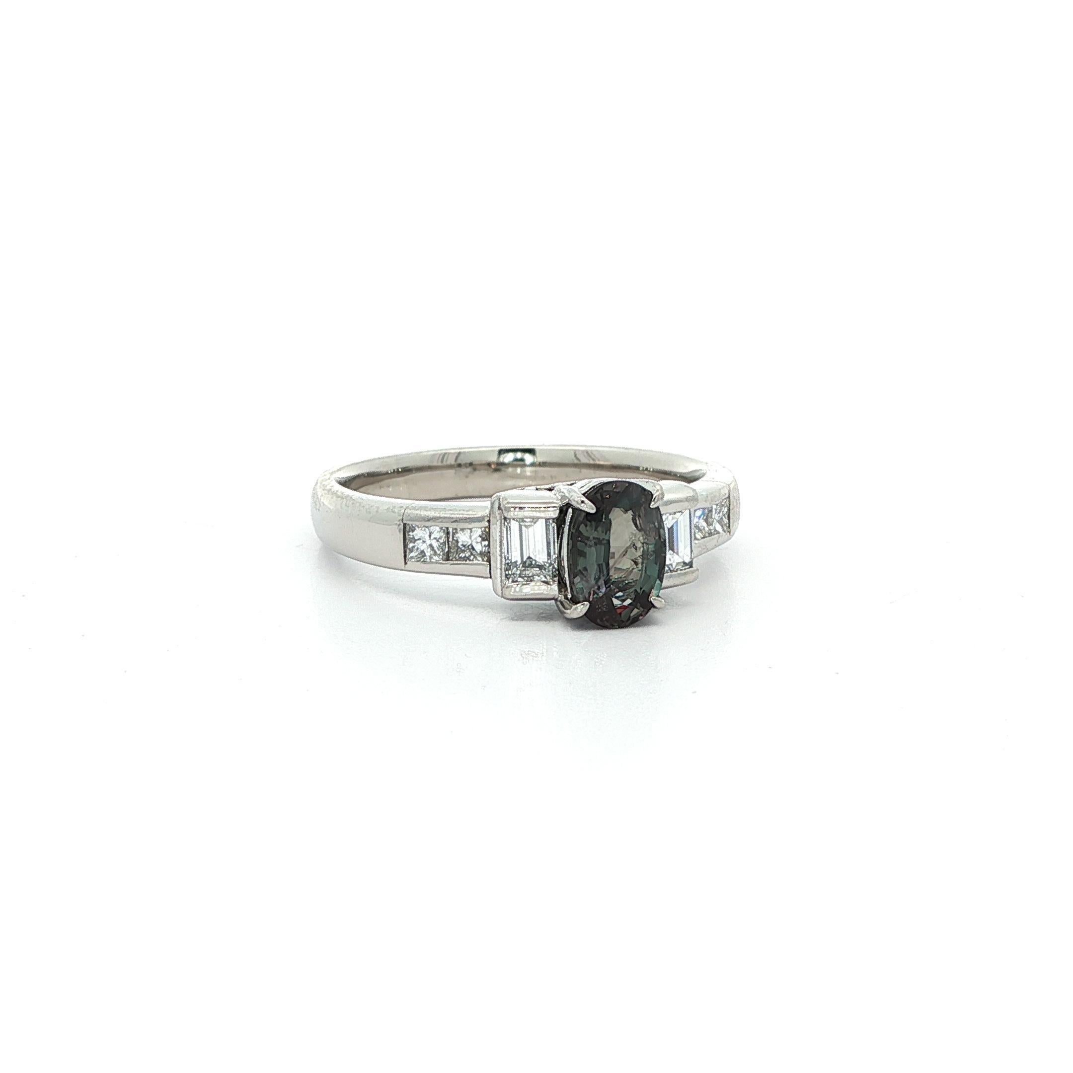 Vintage Platinum GIA 1.02ctw Oval Green Purple Brazil Alexandrite Diamond Ring For Sale 8