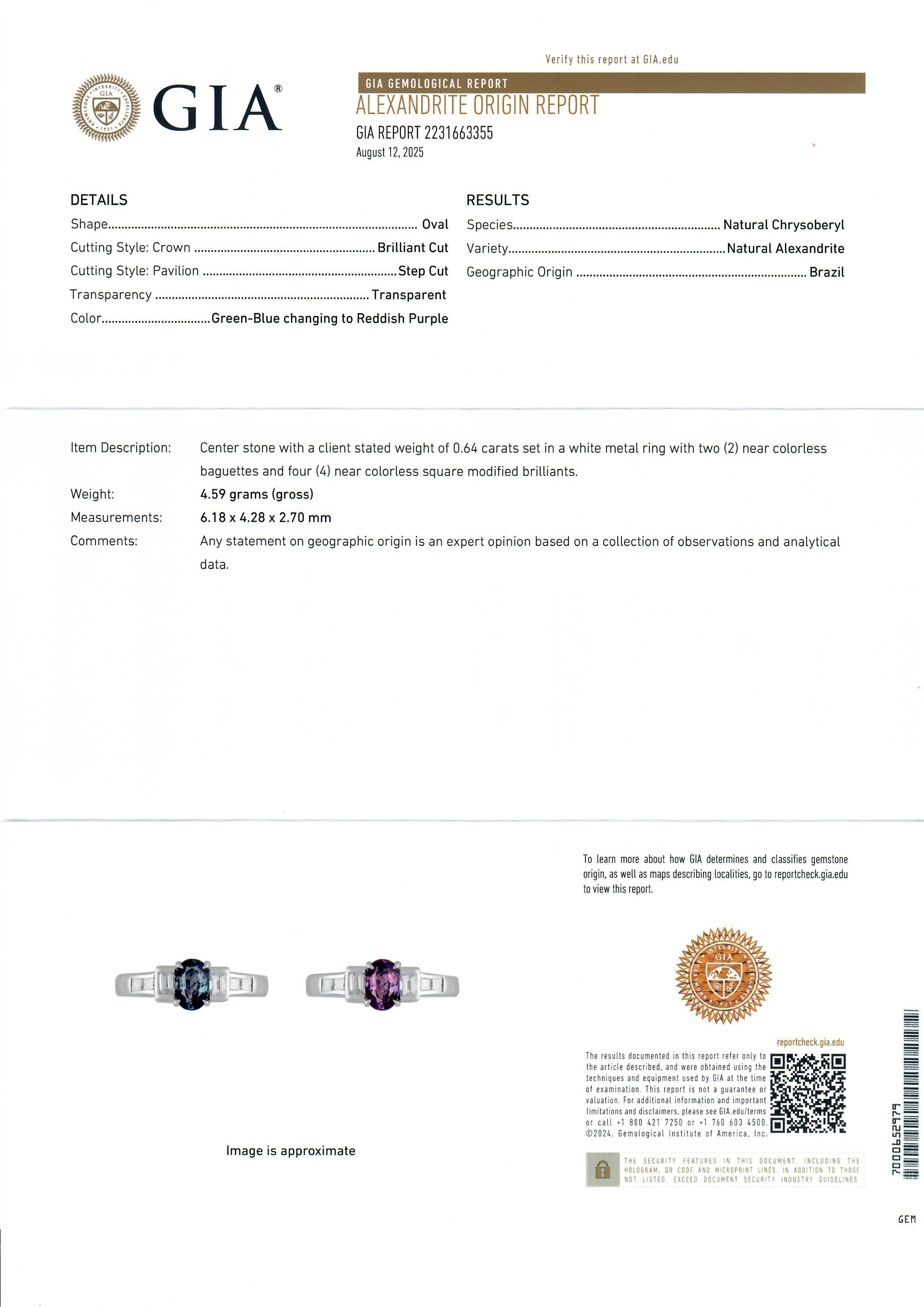 Vintage Platinum GIA 1.02ctw Oval Green Purple Brazil Alexandrite Diamond Ring For Sale 2