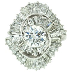 Vintage Platinum GIA 1.07ct G VVS2 Round Diamond Baguette Swirl Ballerina Ring