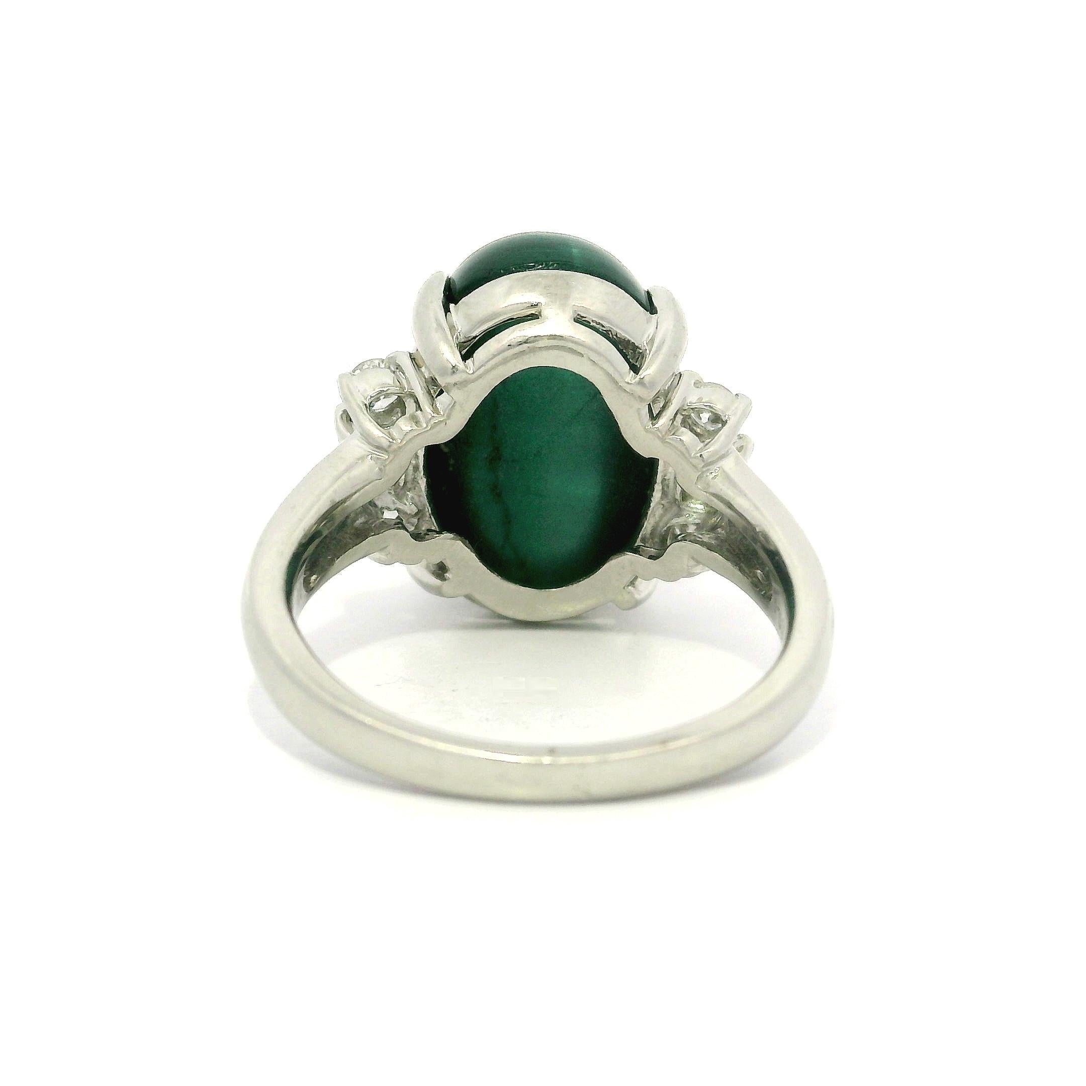 Vintage Platinum GIA 11.46ctw Cat's Eye Green Tourmaline & Diamond Sides Ring For Sale 5