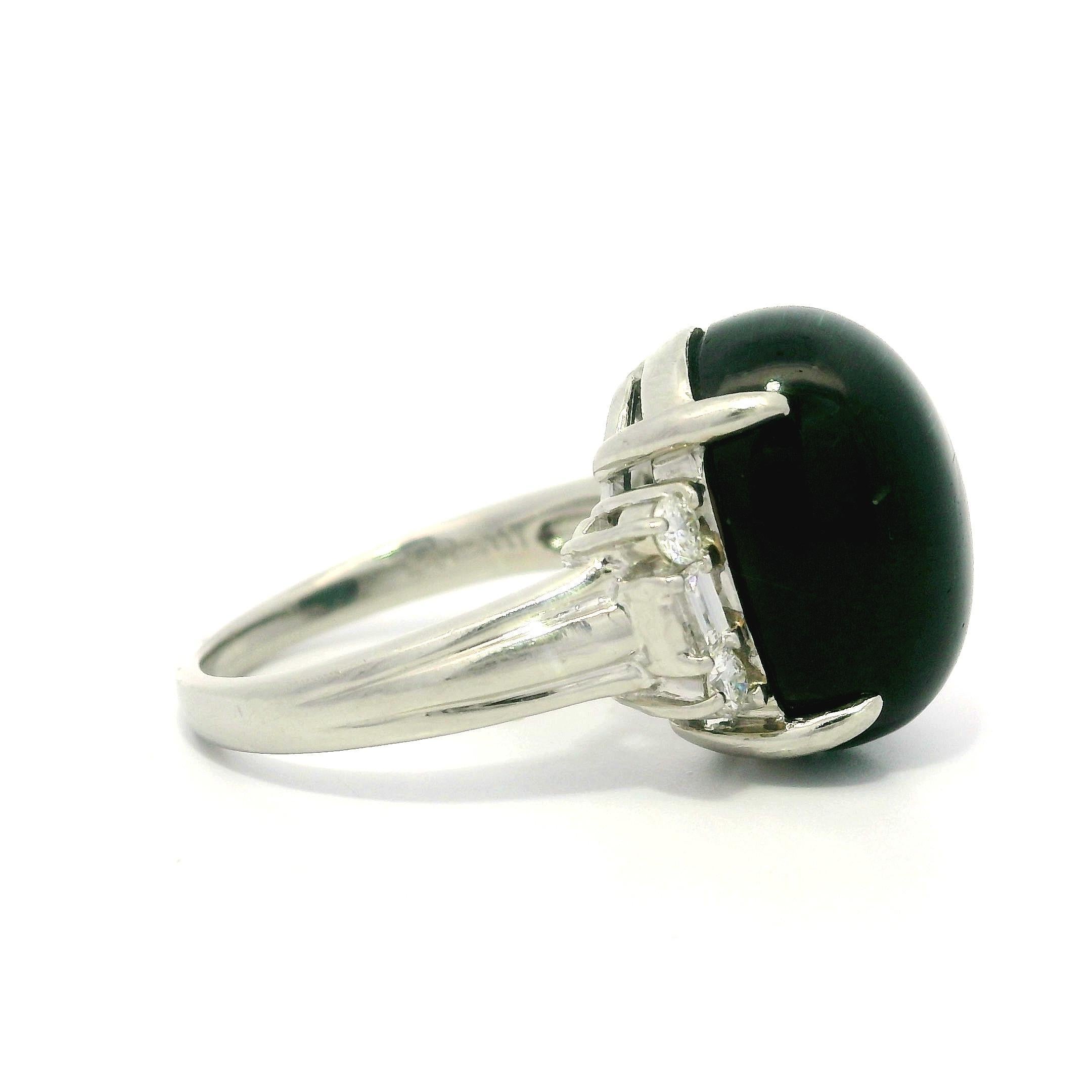 Vintage Platinum GIA 11.46ctw Cat's Eye Green Tourmaline & Diamond Sides Ring For Sale 6