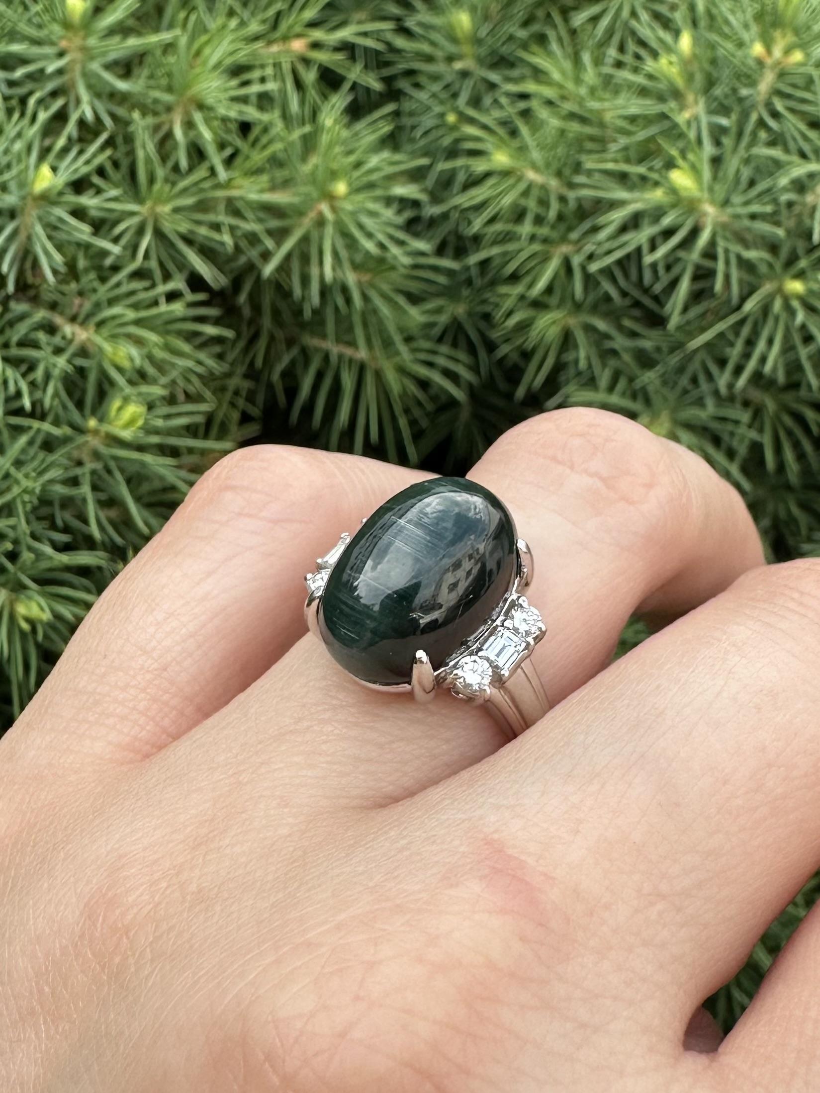 Vintage Platinum GIA 11.46ctw Cat's Eye Green Tourmaline & Diamond Sides Ring For Sale 7