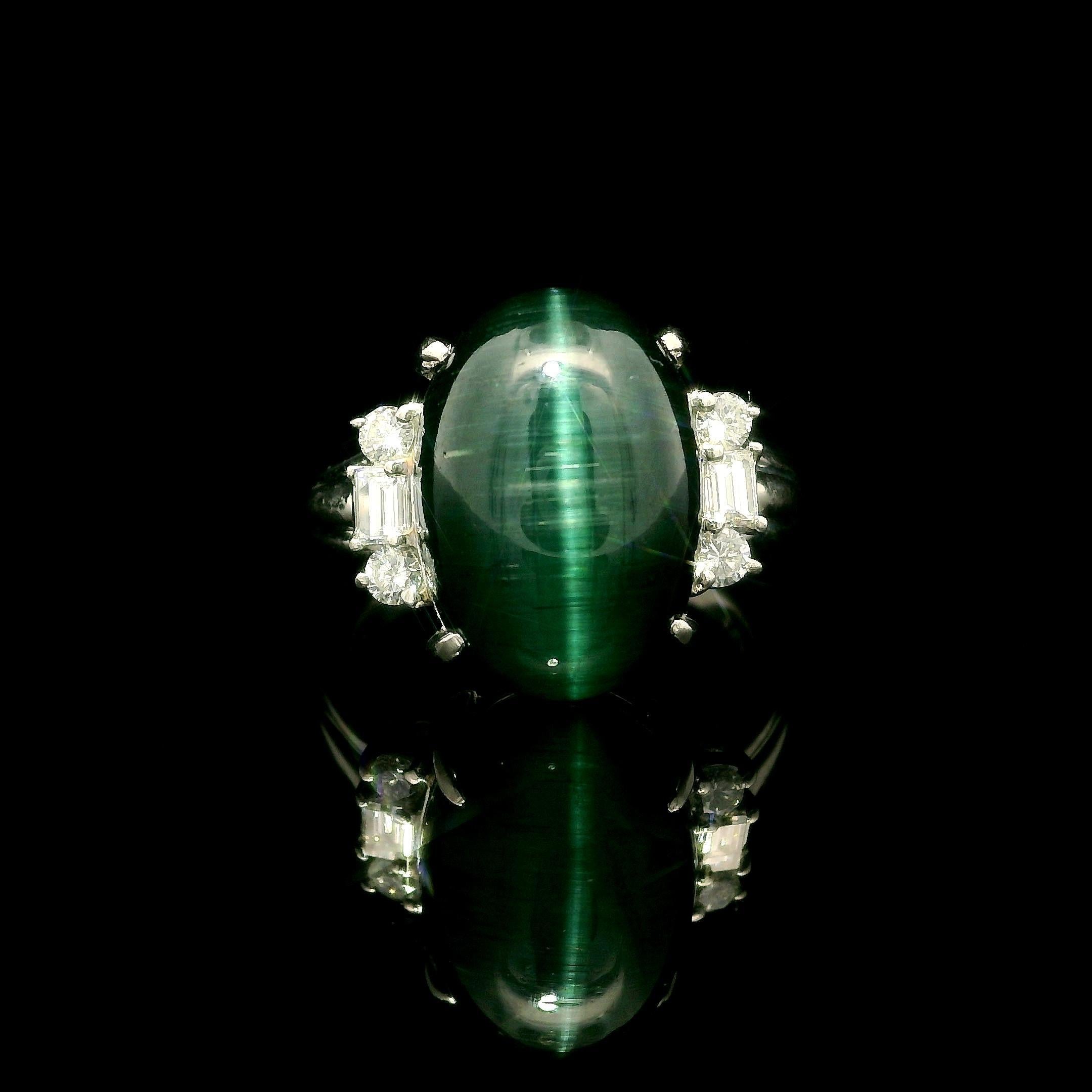 Vintage Platinum GIA 11.46ctw Cat's Eye Green Tourmaline & Diamond Sides Ring For Sale 9