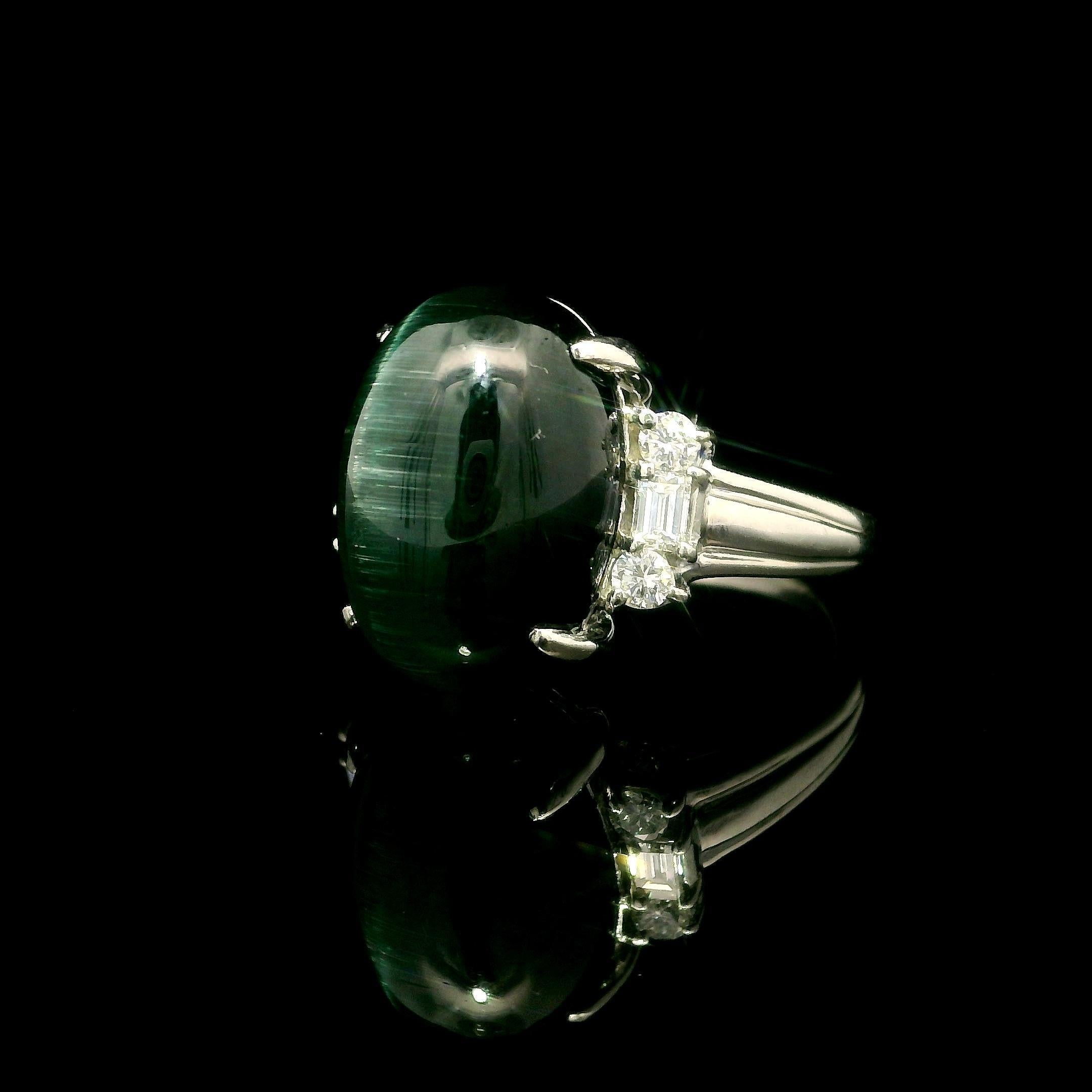 --Stone(s):--
(10) Natural Genuine Cat's Eye Tourmaline - Oval Double Cabochon Cut - Prong Set - Blue- Green Color - 11.13ct (exact - stamped)
** See Certification Details Below for Complete Info **
(6) Natural Genuine Diamonds - 4 Round Brilliant &