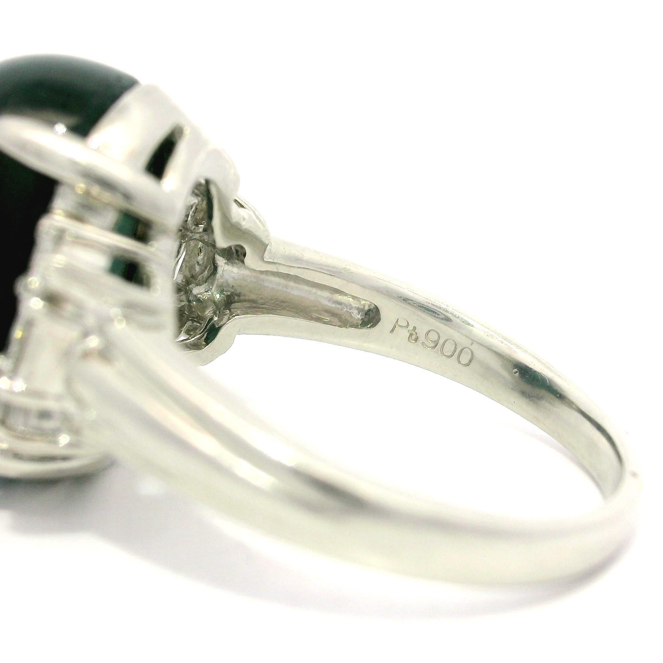 Vintage Platinum GIA 11.46ctw Cat's Eye Green Tourmaline & Diamond Sides Ring In Excellent Condition For Sale In Montclair, NJ