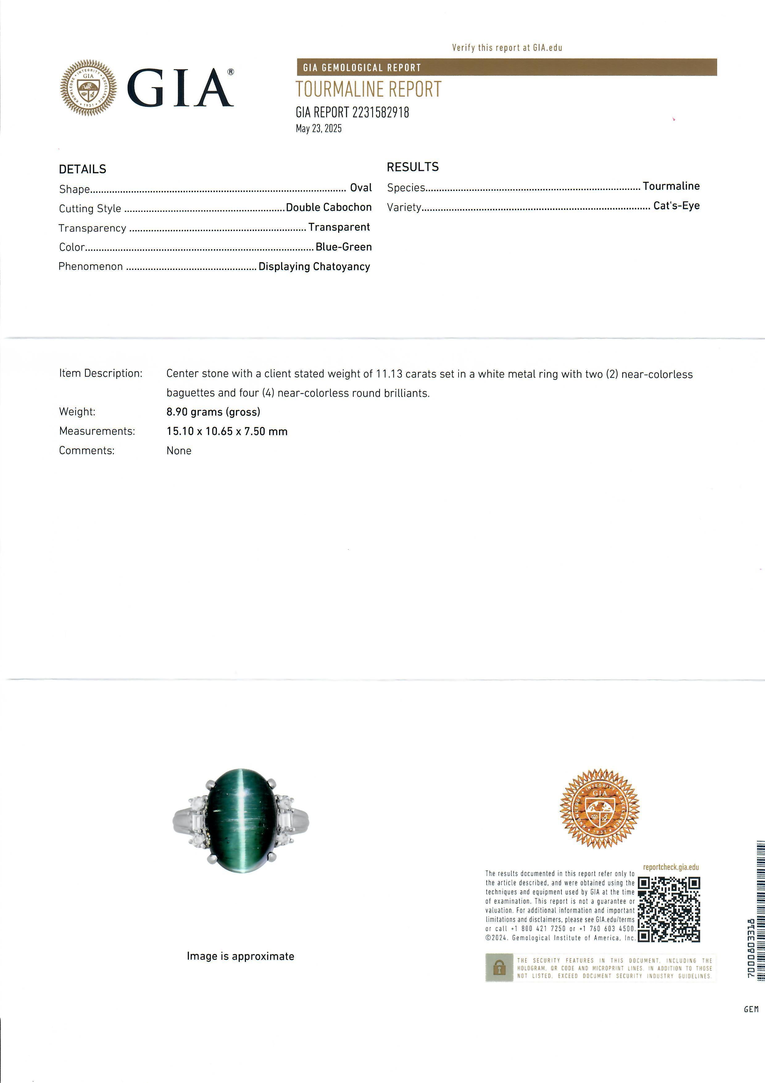 Vintage Platinum GIA 11.46ctw Cat's Eye Green Tourmaline & Diamond Sides Ring For Sale 1
