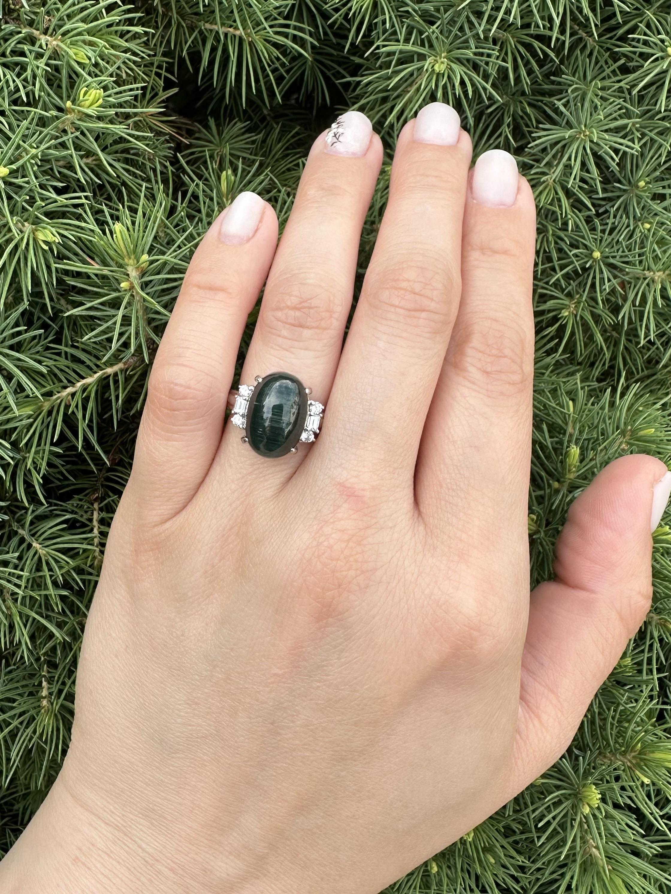 Vintage Platinum GIA 11.46ctw Cat's Eye Green Tourmaline & Diamond Sides Ring For Sale 2