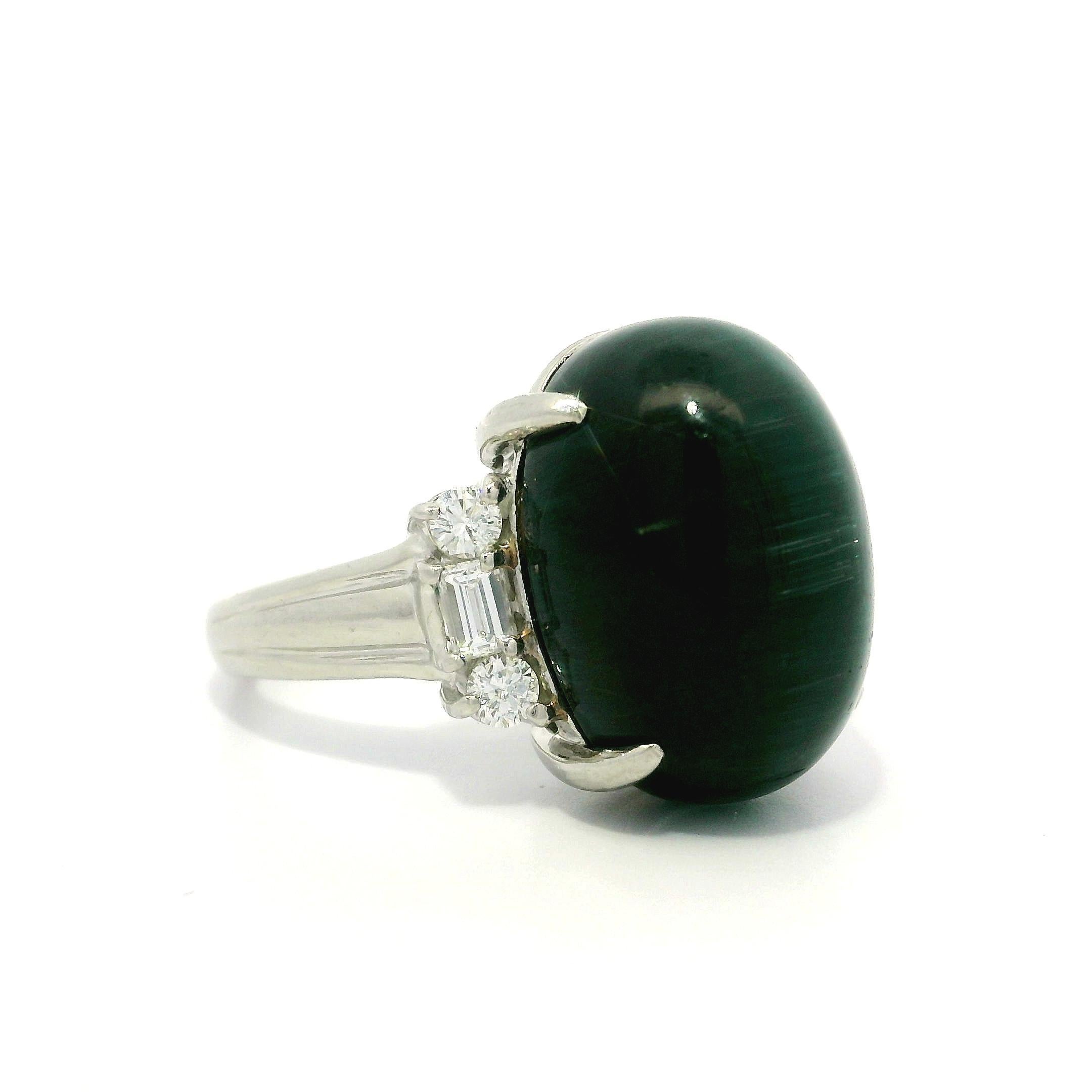 Vintage Platinum GIA 11.46ctw Cat's Eye Green Tourmaline & Diamond Sides Ring For Sale 3