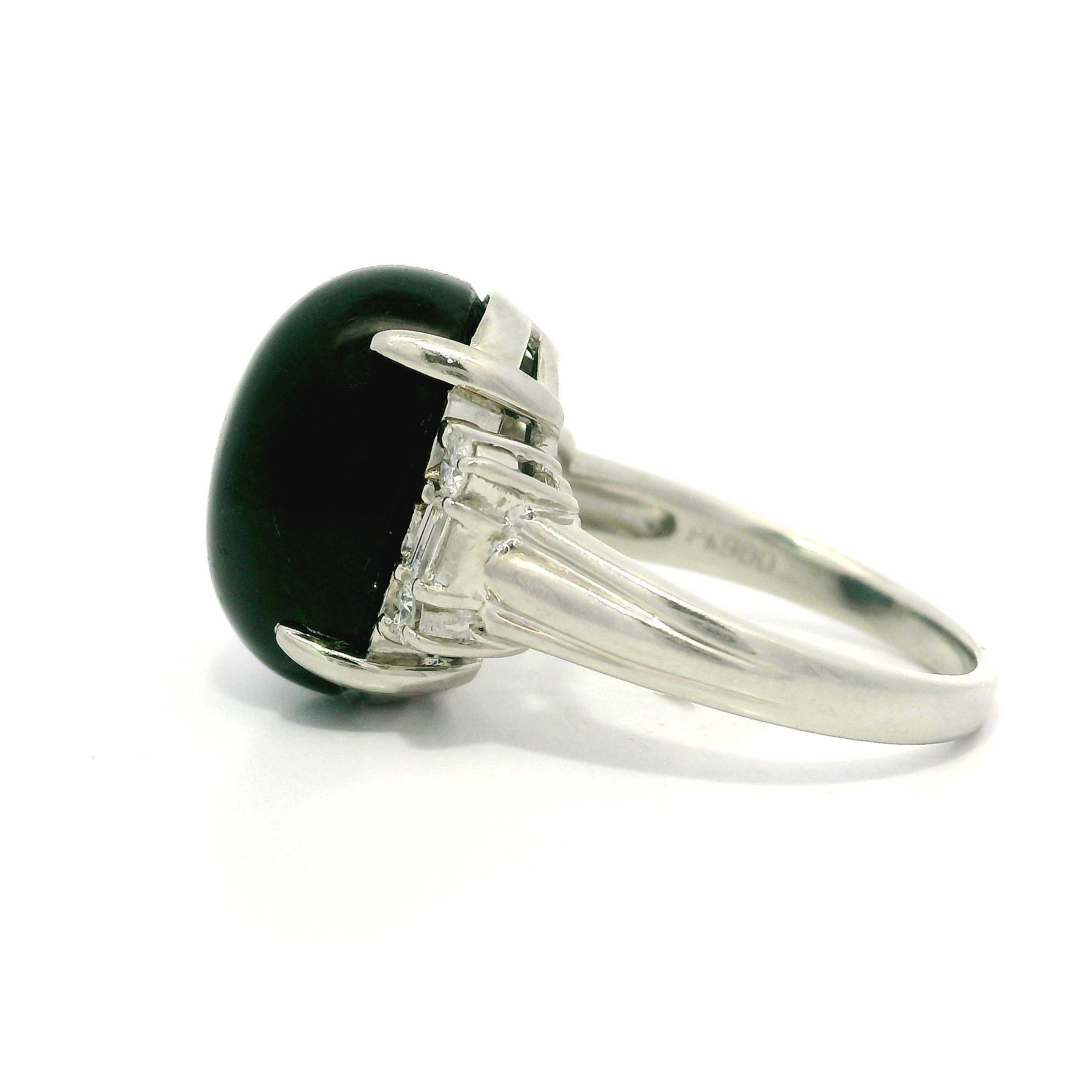 Vintage Platinum GIA 11.46ctw Cat's Eye Green Tourmaline & Diamond Sides Ring For Sale 4