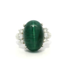Vintage Platinum GIA 11.46ctw Cat's Eye Green Tourmaline & Diamond Sides Ring