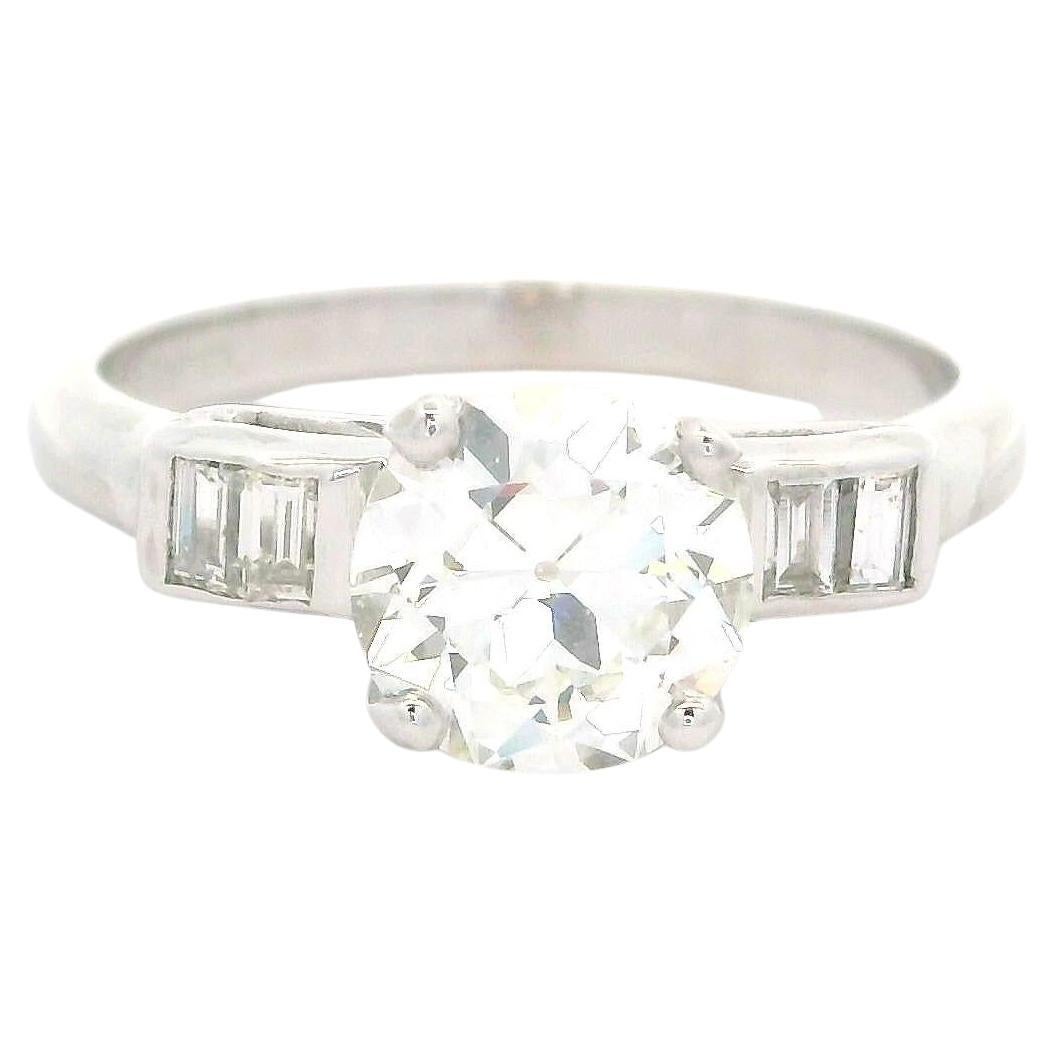 Anillo de compromiso de diamantes vintage en platino GIA de 1,29ctw redondo con lados baguette