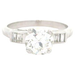 Vintage Platinum GIA 1.29ctw Round w/ Baguette Sides Diamond Engagement Ring
