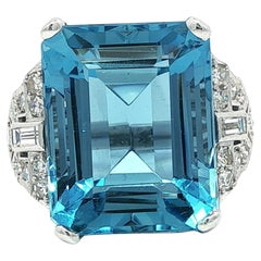 Anello vintage in platino GIA 13,35ctw Acquamarina Santa Maria BLU con diamanti laterali