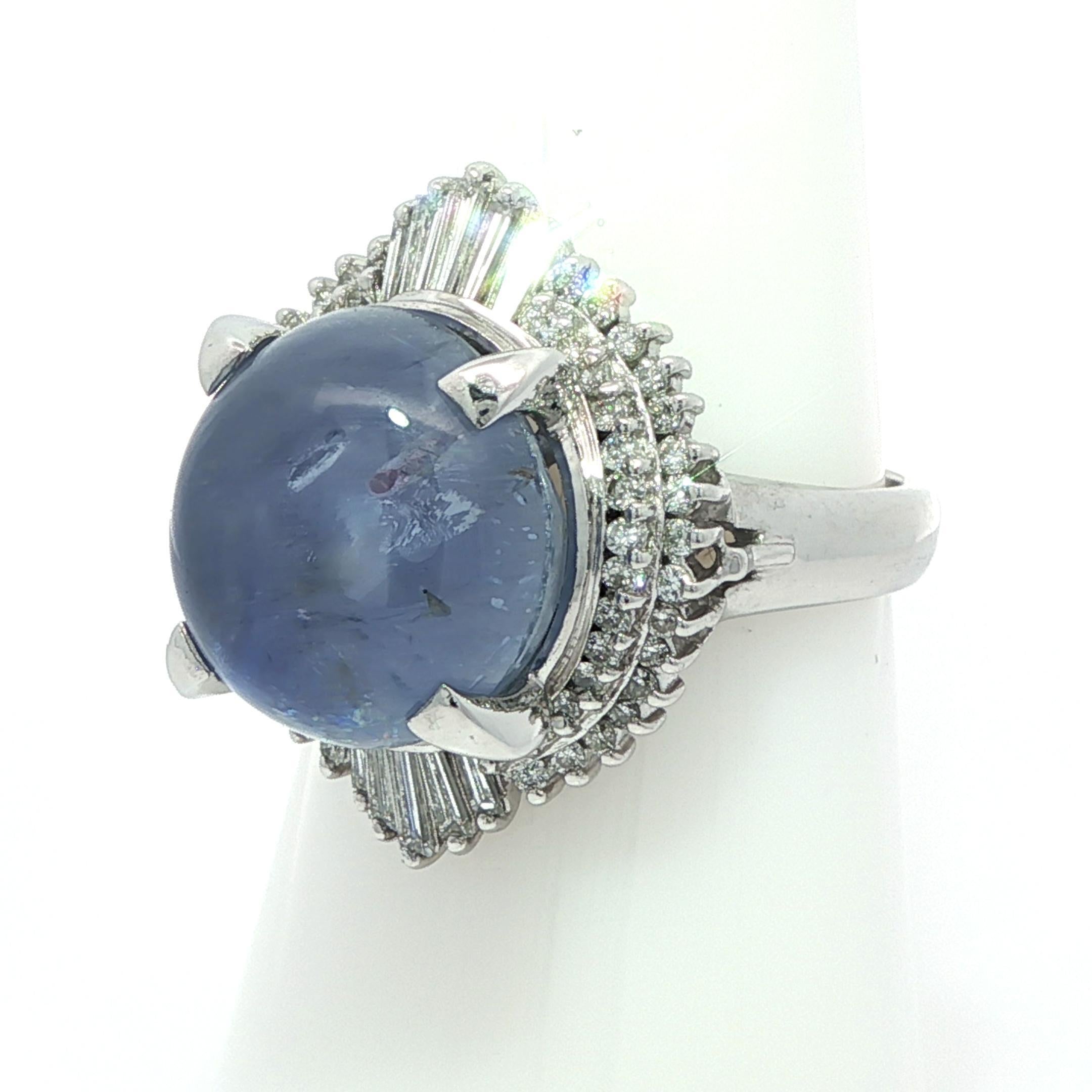 Vintage Platinum GIA 13.89ctw Cabochon Nice Blue Star Sapphire w/ Diamond Ring For Sale 6