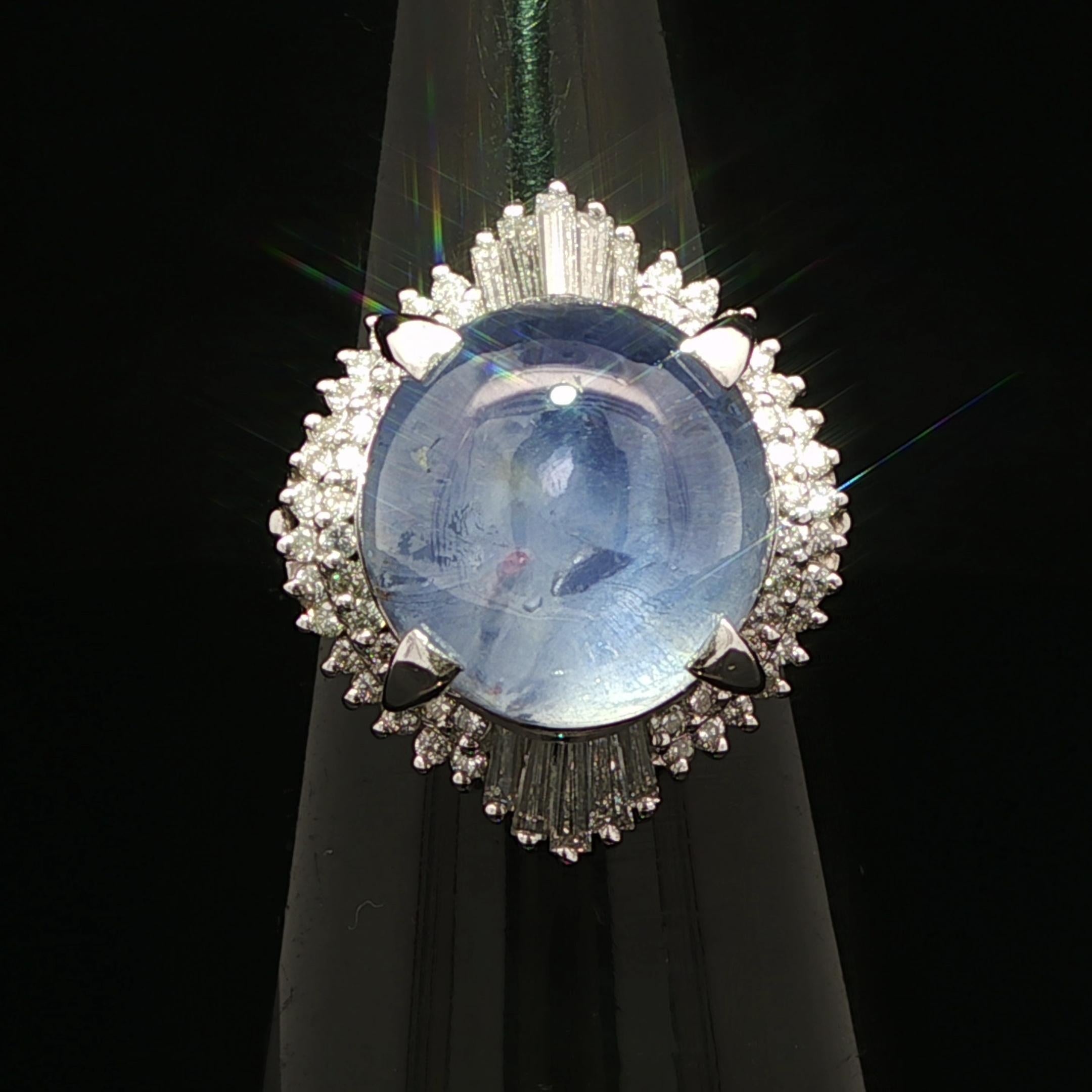 Vintage Platinum GIA 13.89ctw Cabochon Nice Blue Star Sapphire w/ Diamond Ring For Sale 7