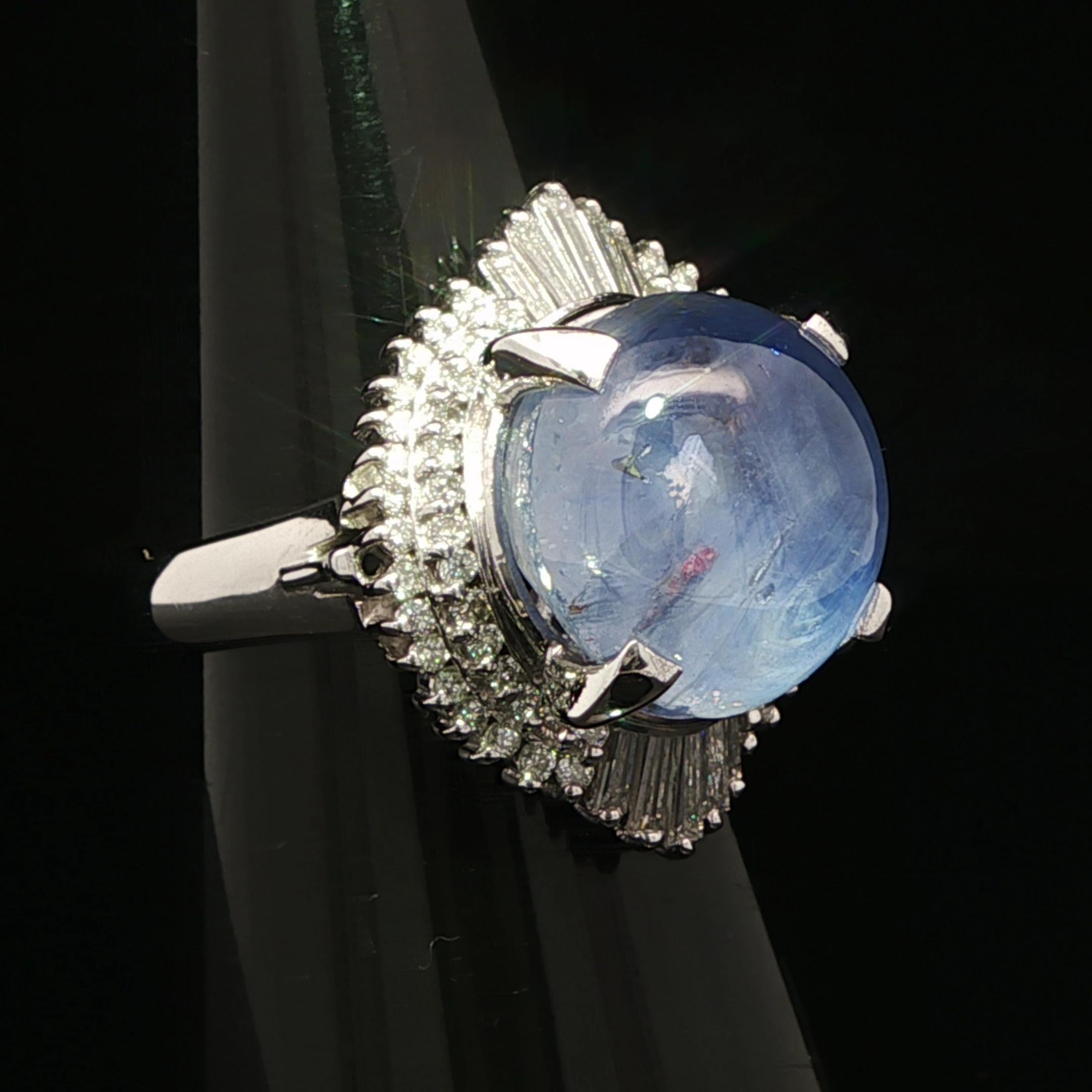 Vintage Platinum GIA 13.89ctw Cabochon Nice Blue Star Sapphire w/ Diamond Ring For Sale 8