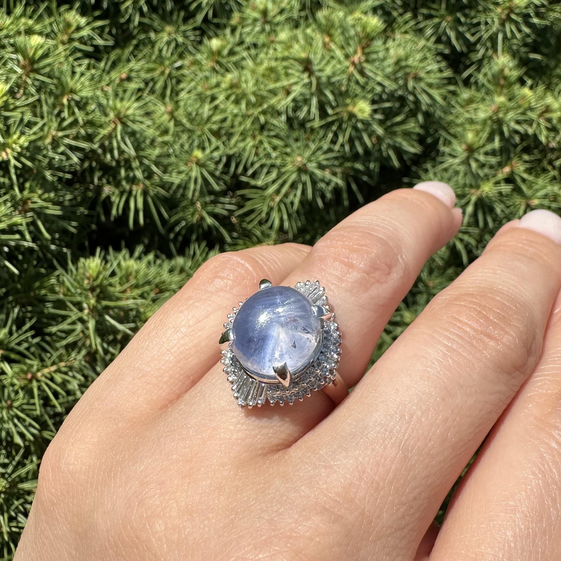 Vintage Platinum GIA 13.89ctw Cabochon Nice Blue Star Sapphire w/ Diamond Ring For Sale 9