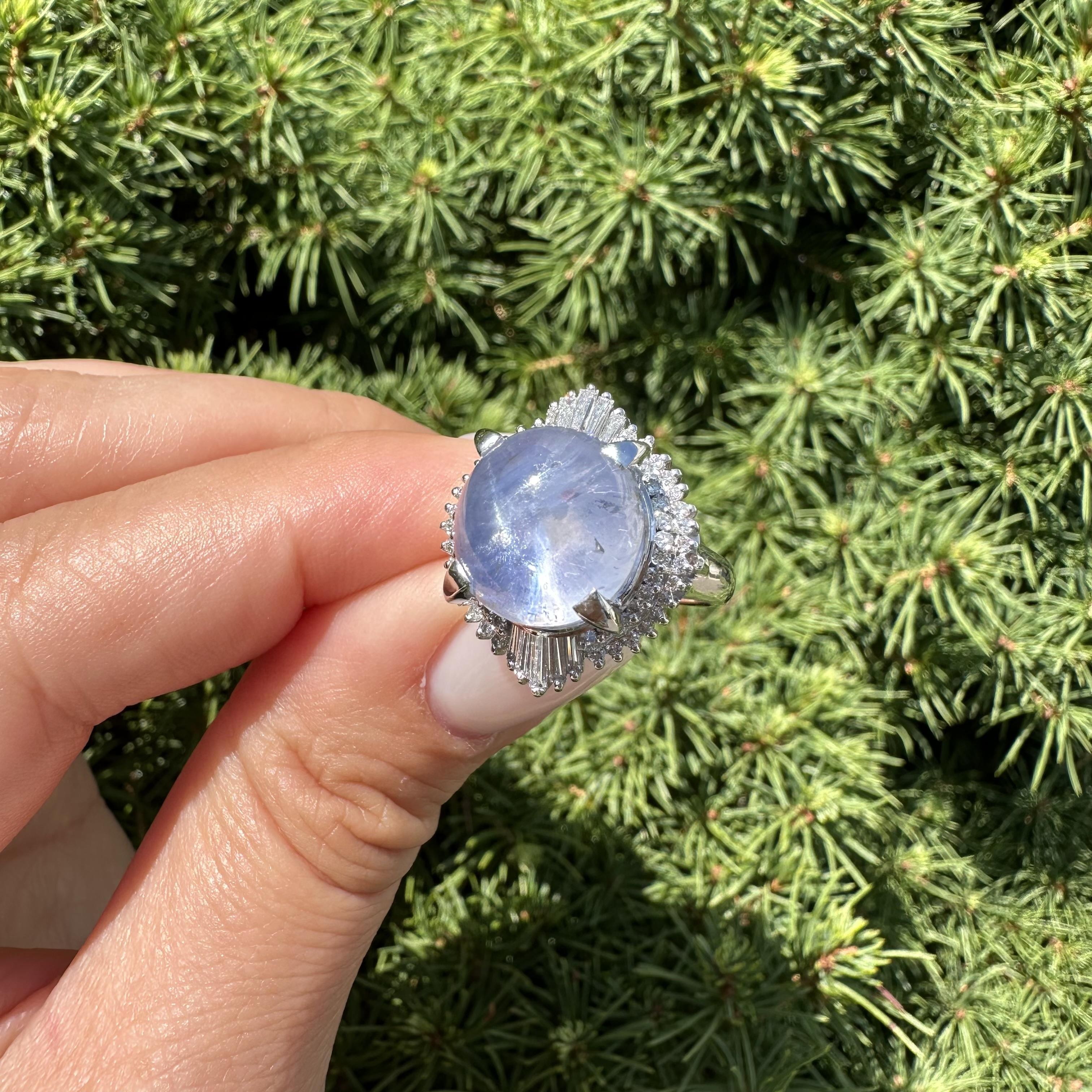 Vintage Platinum GIA 13.89ctw Cabochon Nice Blue Star Sapphire w/ Diamond Ring For Sale 11