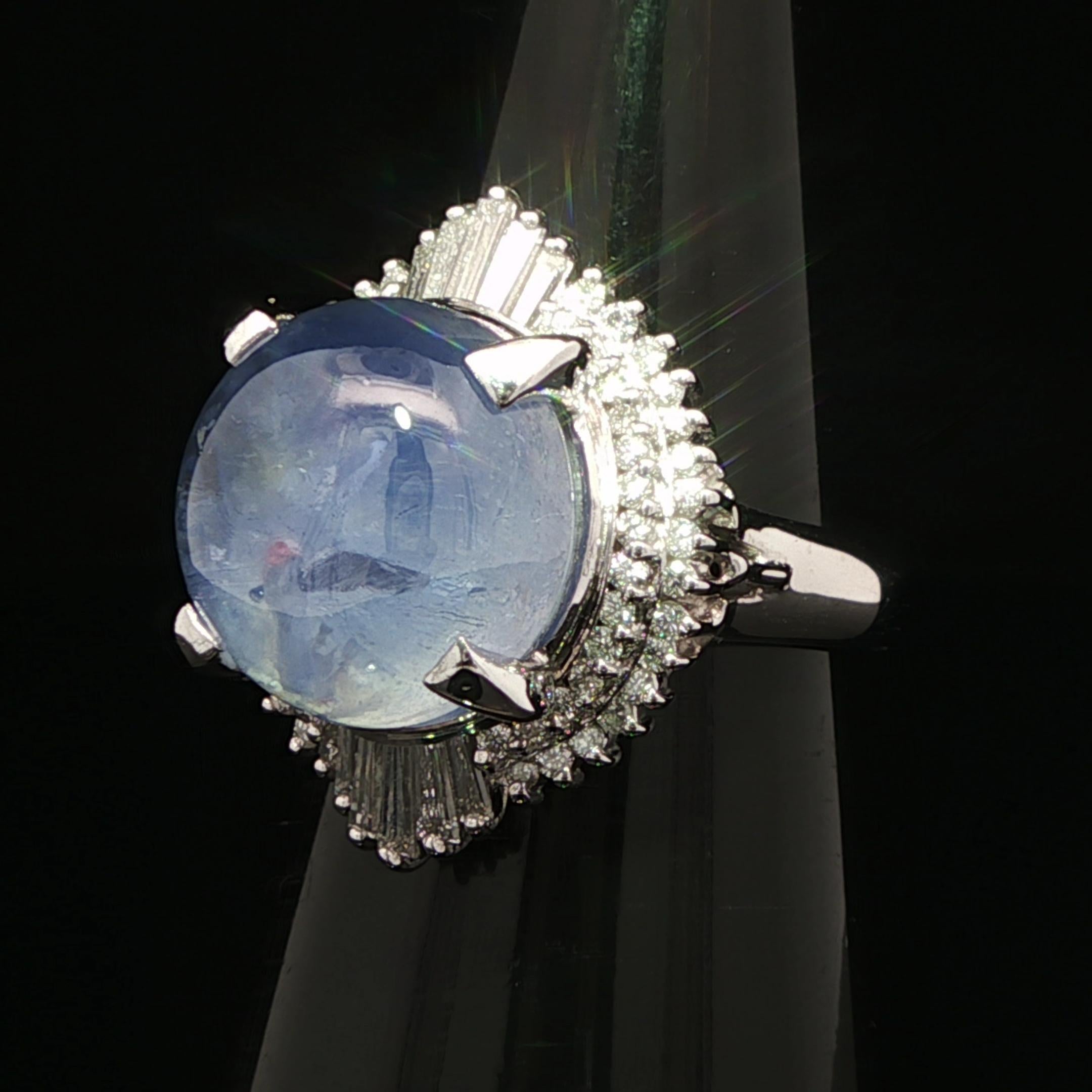 Vintage Platinum GIA 13.89ctw Cabochon Nice Blue Star Sapphire w/ Diamond Ring For Sale 2