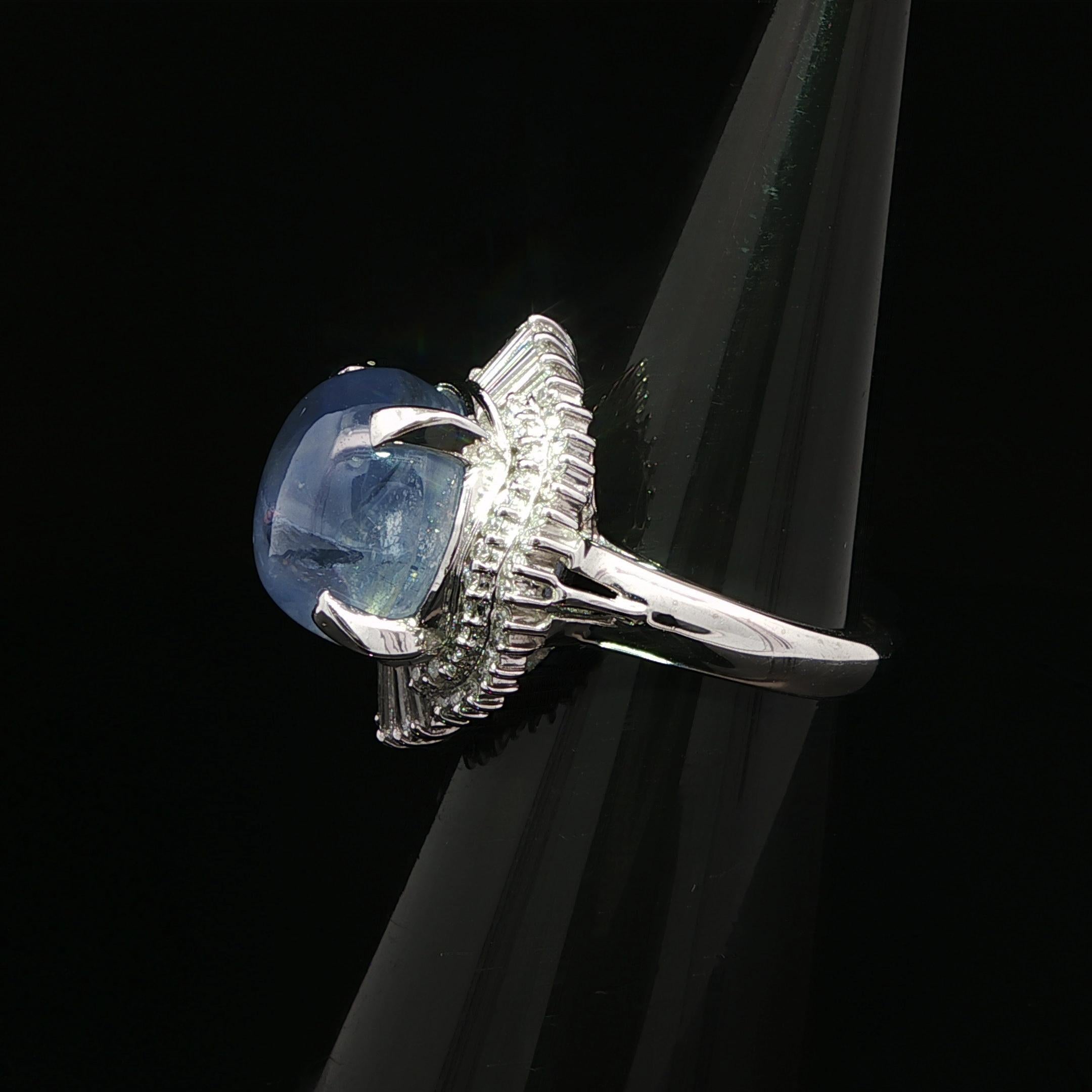 Vintage Platinum GIA 13.89ctw Cabochon Nice Blue Star Sapphire w/ Diamond Ring For Sale 3