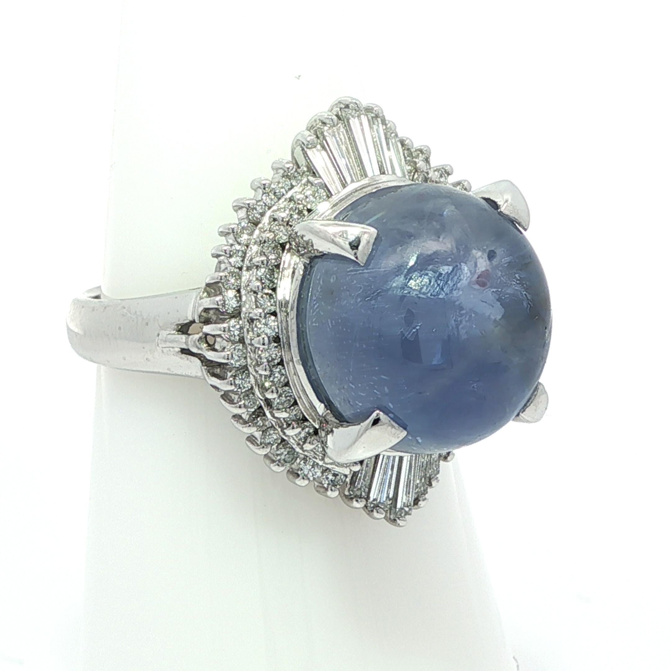 Vintage Platinum GIA 13.89ctw Cabochon Nice Blue Star Sapphire w/ Diamond Ring For Sale 5