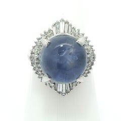 Vintage Platino GIA 13.89ctw Cabujón Bonito Azul Estrella Zafiro c/ Anillo Diamante
