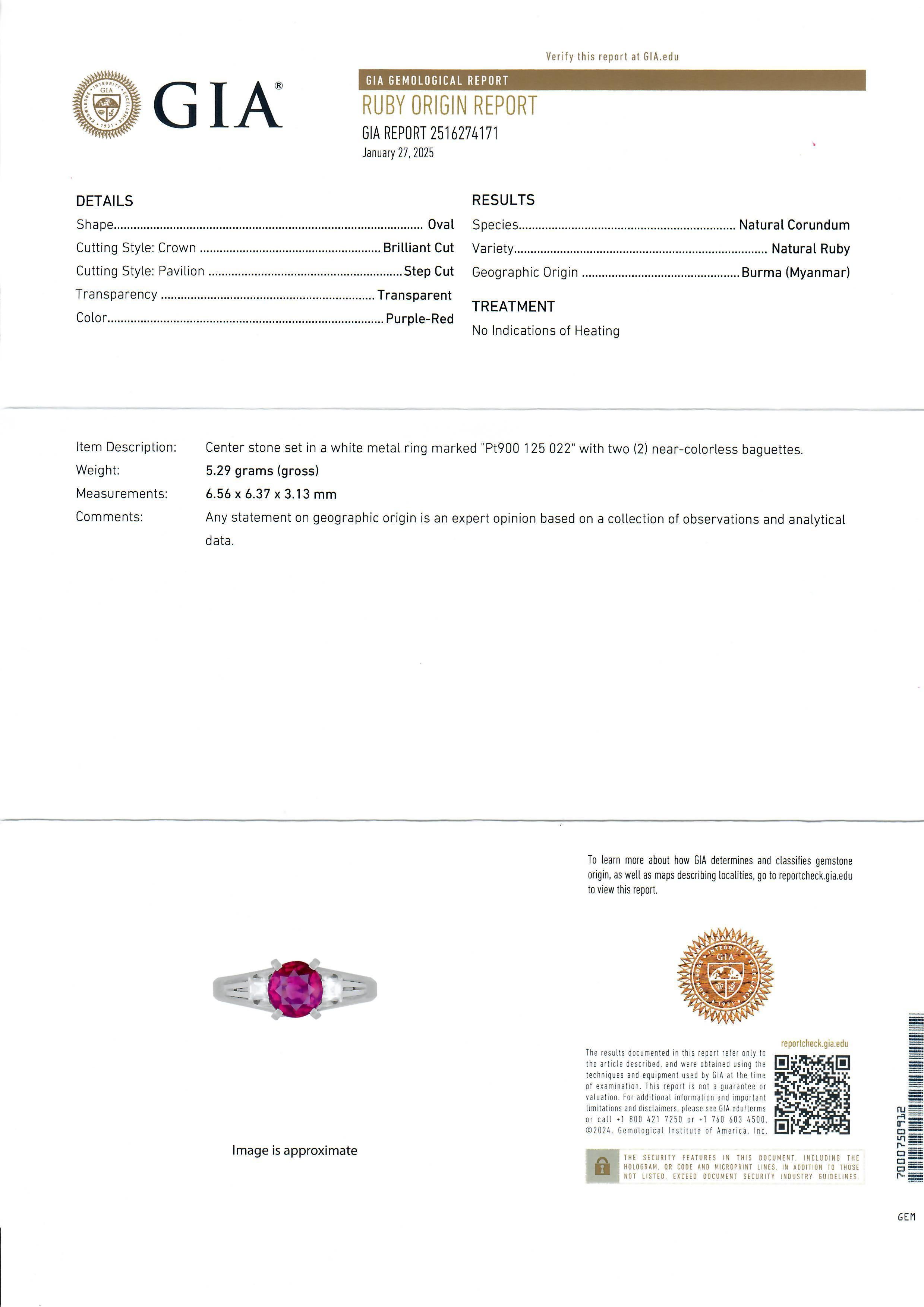 Anello vintage in platino GIA 1,47ctw ovale senza calore con rubino di Birmania e diamante a gradini quadrati in vendita 10
