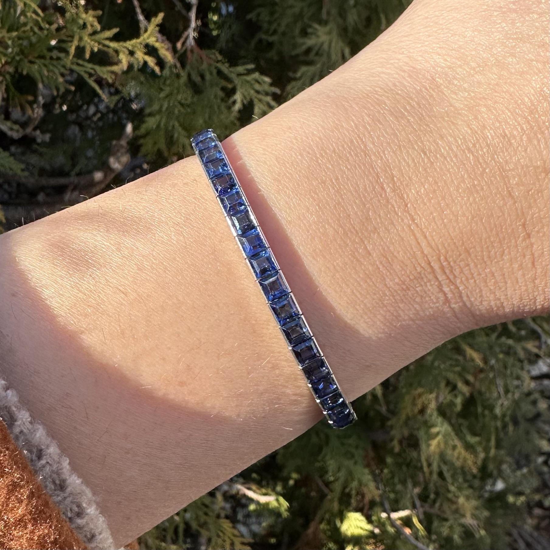 Bracciale vintage in platino GIA 14ctw Square Step Cut Sapphire Line Impilabile in vendita 6