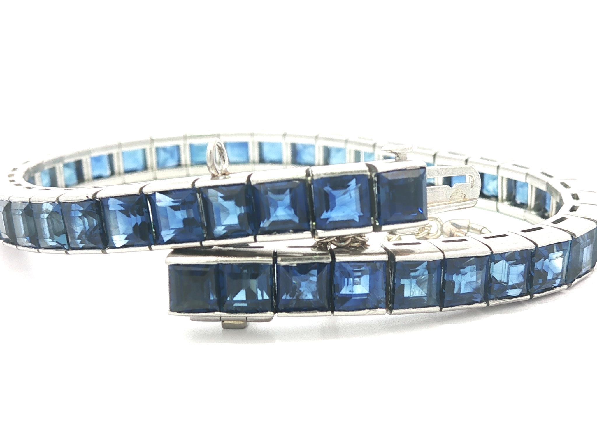 Bracciale vintage in platino GIA 14ctw Square Step Cut Sapphire Line Impilabile in vendita 2