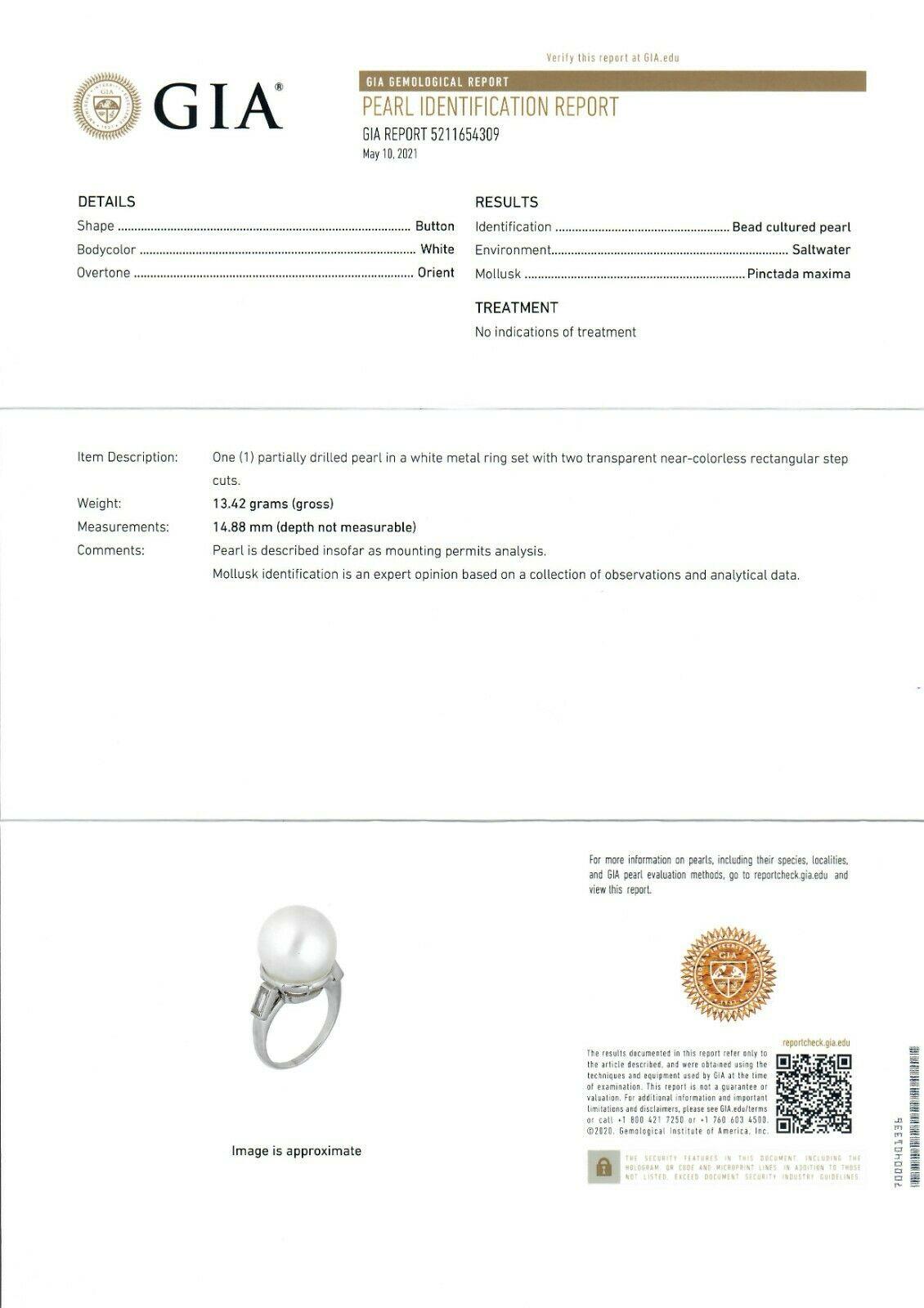 Anillo de diamantes baguette solitario de perla blanca de agua salada vintage de platino GIA en venta 6