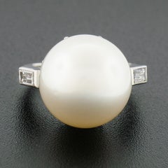 Vintage Platinum GIA Saltwater White Pearl Solitaire Baguette Diamond Ring