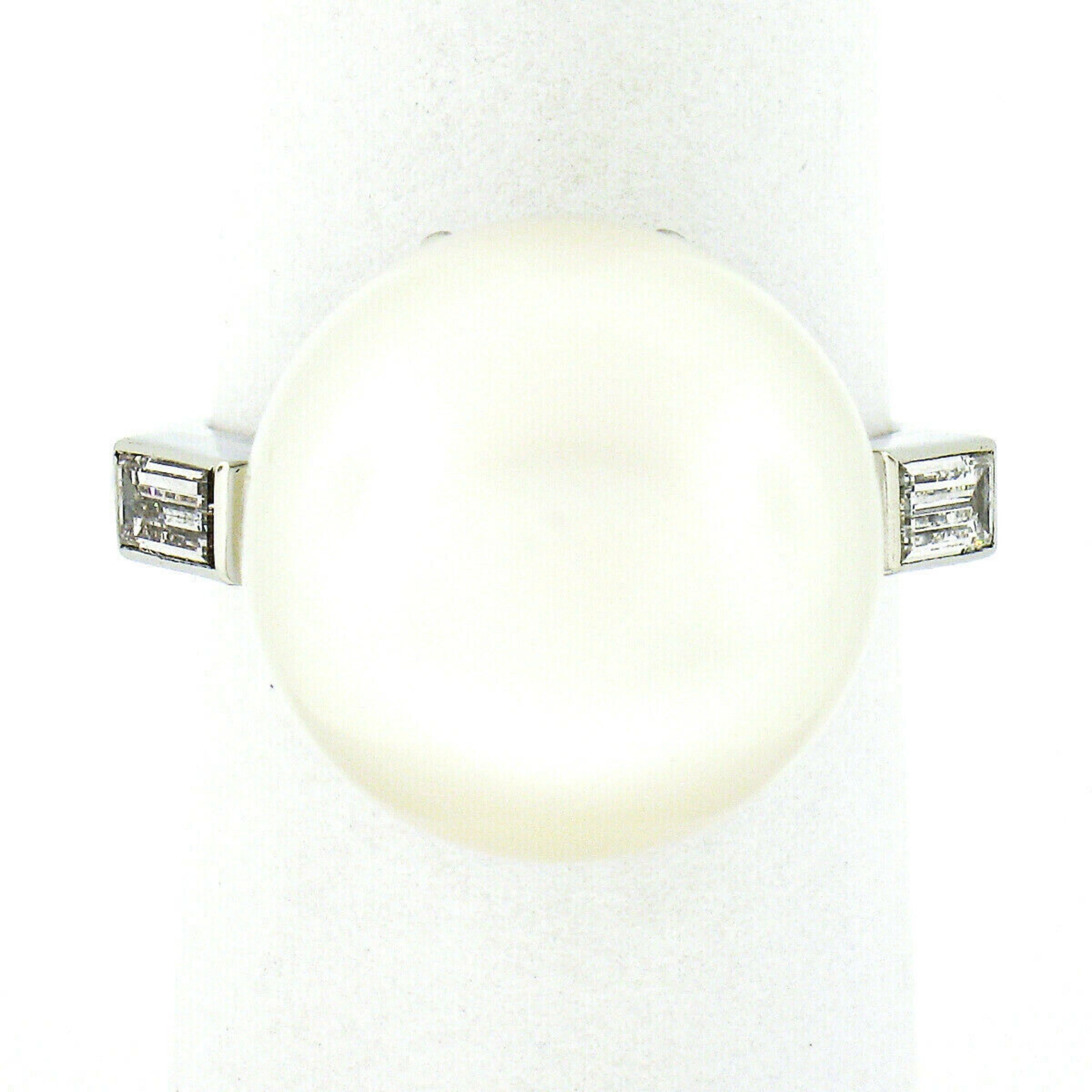 Vintage Platinum GIA Saltwater White Pearl Solitaire Baguette Diamond Ring In Good Condition For Sale In Montclair, NJ