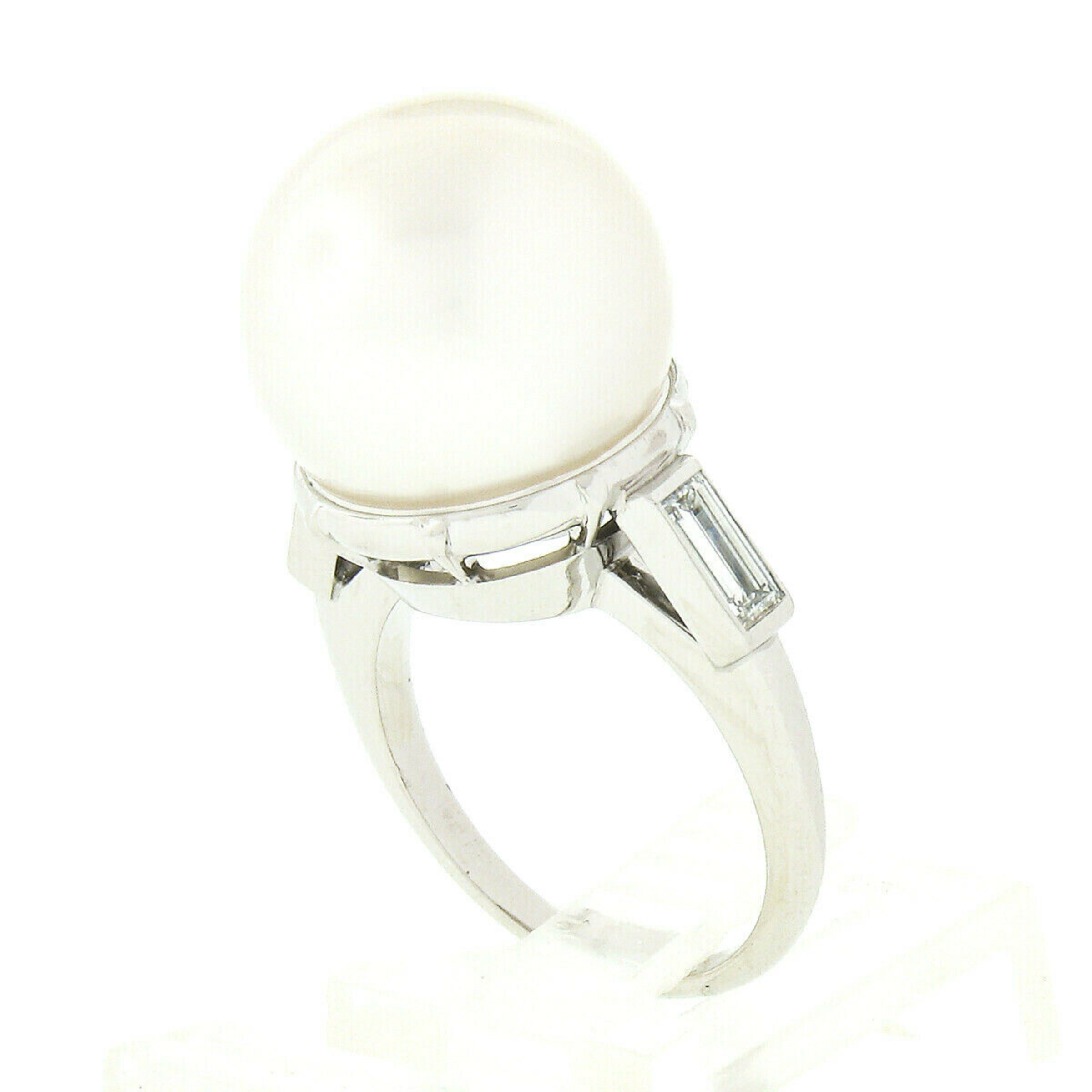 Women's Vintage Platinum GIA Saltwater White Pearl Solitaire Baguette Diamond Ring For Sale